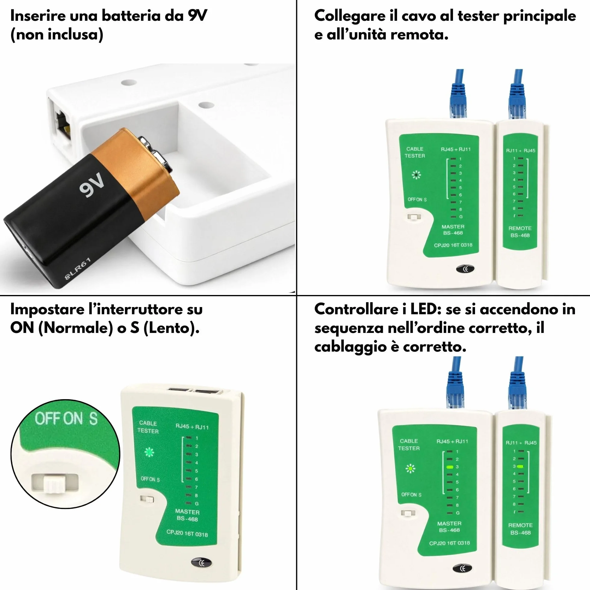 Incutex Tester Cavi di Rete, Ethernet LAN RJ45 RJ11 CAT5 CAT5e CAT6a Linea Tester Professionale, Rilevatore Cavi Wire Tracker, bianco-verde