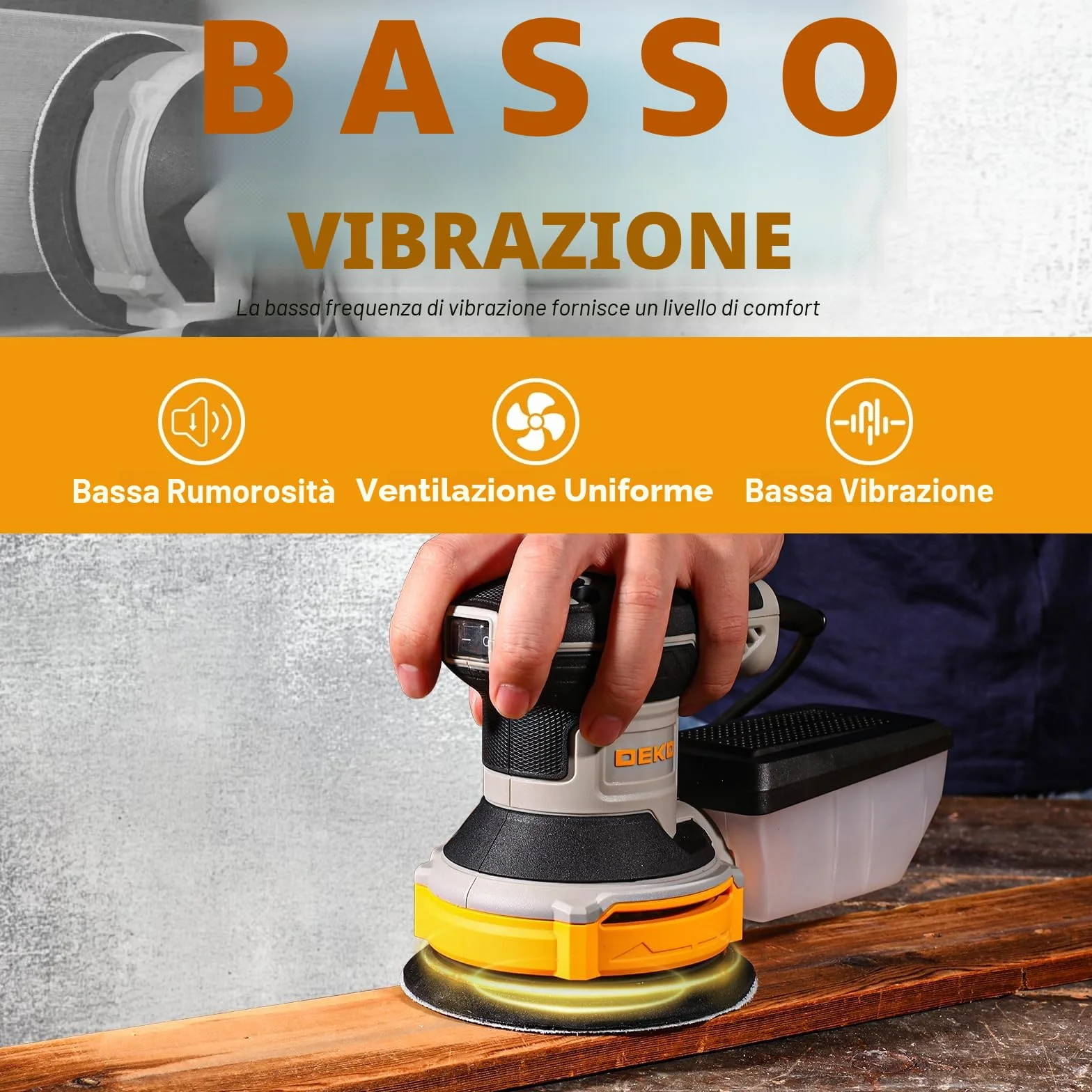 DEKOPRO Levigatrice Orbitale 300W 6 Velocità 14000RPM 125mm