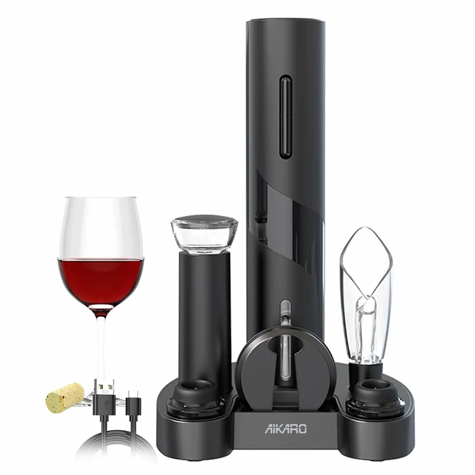 AIKARO - Apri-bottiglie per vino elettrico Cavatappi elettronico automatico, Ricaricabile (Set di Base)