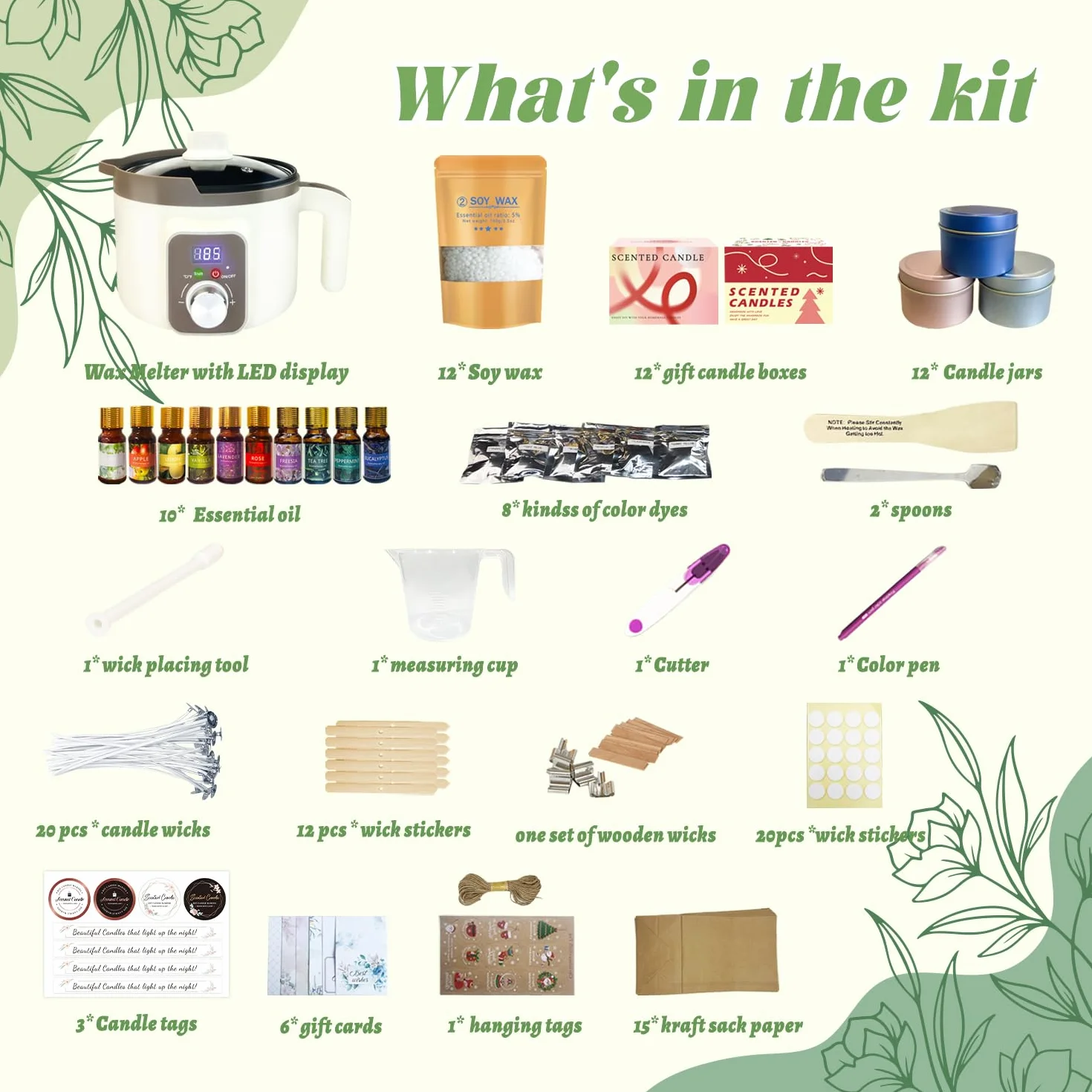 LINGQIAN Set per la creazione di candele fai da te, kit per la creazione di candele in cera di soia, fusore elettrico per cera con beccuccio, 12 barattoli per candele, 12 oli profumati