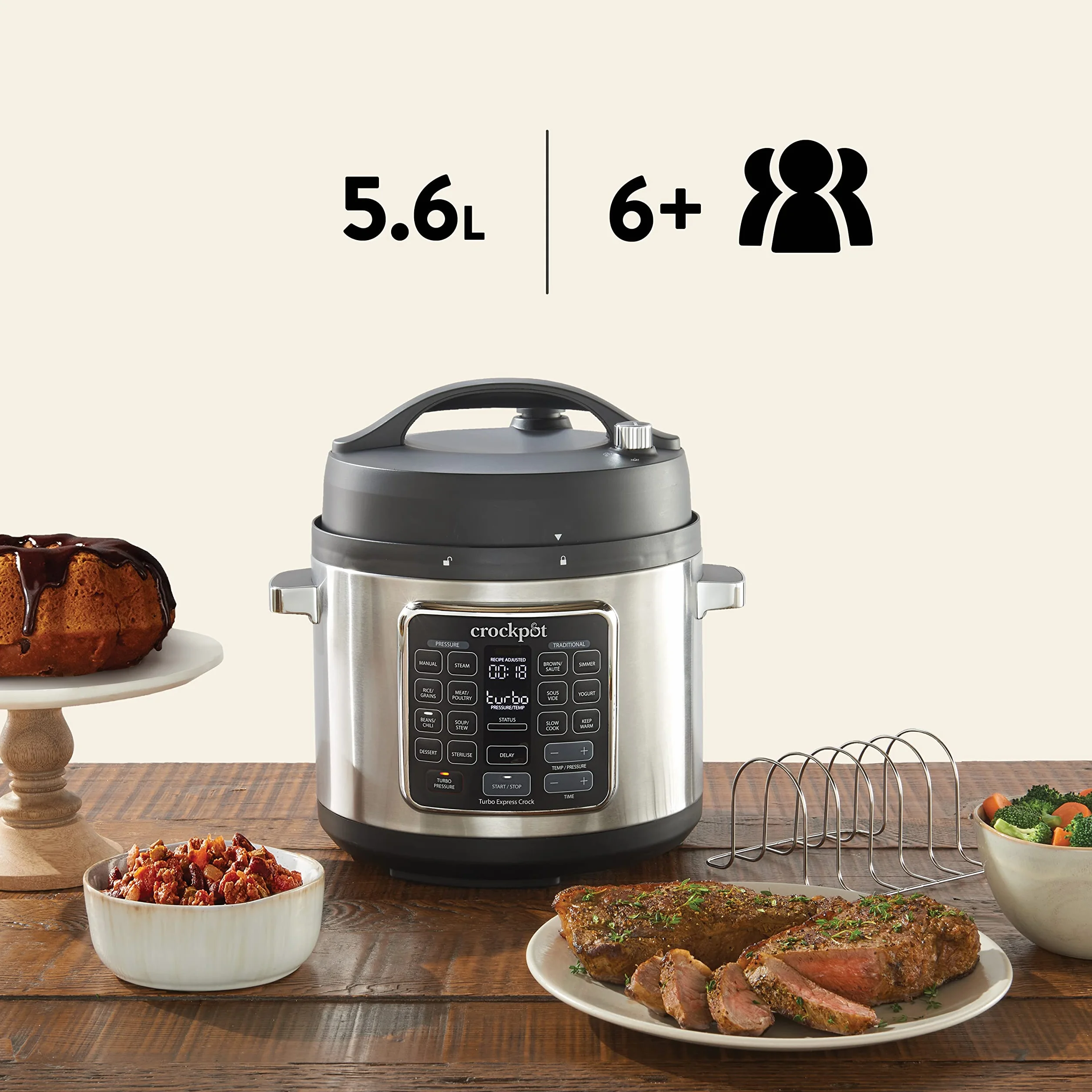 Crock-pot TURBO Express MultiCooker 5.6l, 6 Persone,Programmabile,14 funzioni pre-impostate,Cottura a Pressione, Vapore,Slow Cooker,Rosolatura,Sous Vide,Bollitura,Sterilizzazione,Yogurt,1400W,Argento
