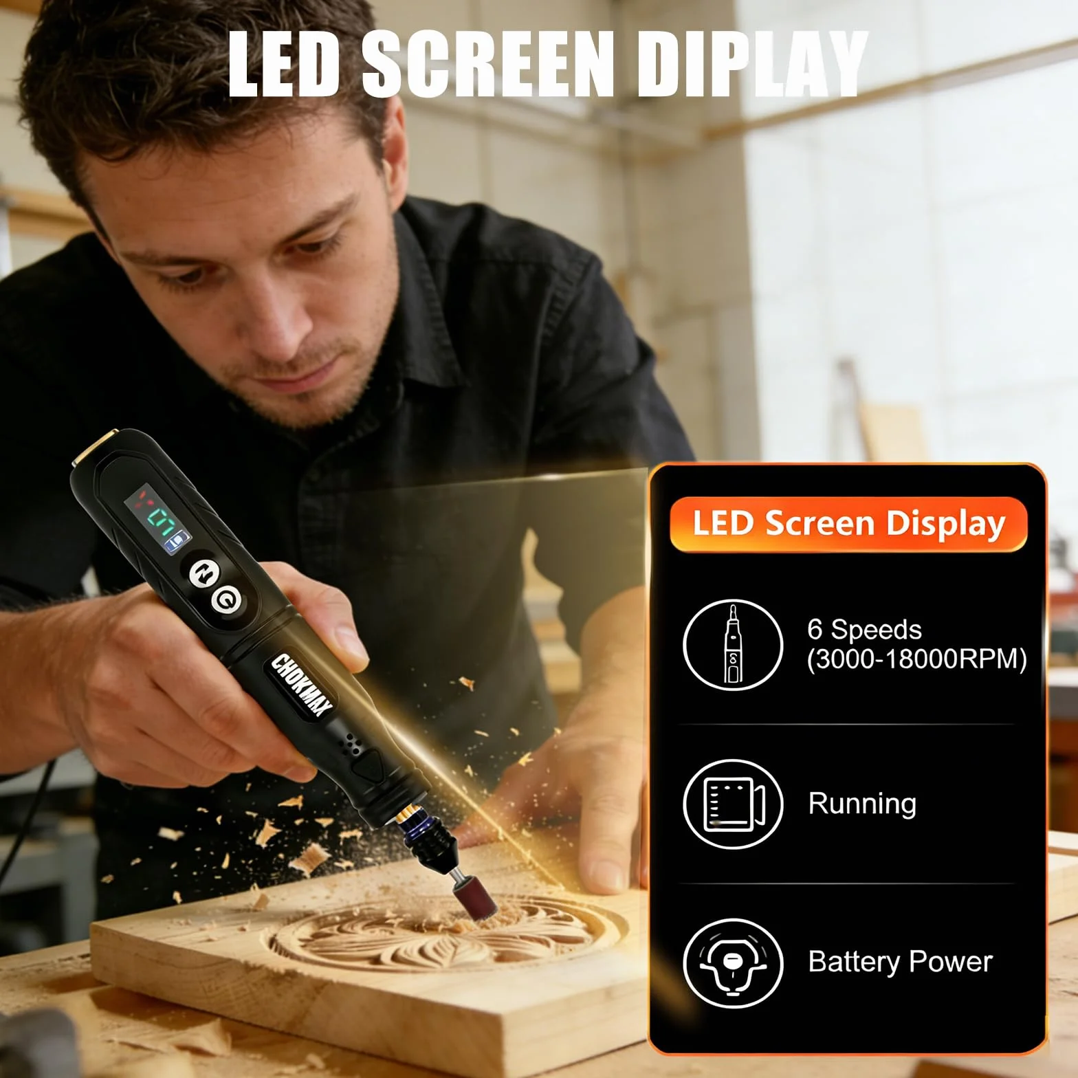 Smerigliatrice senza fili 6 velocità con display, pinza universale e LED, 68 accessori