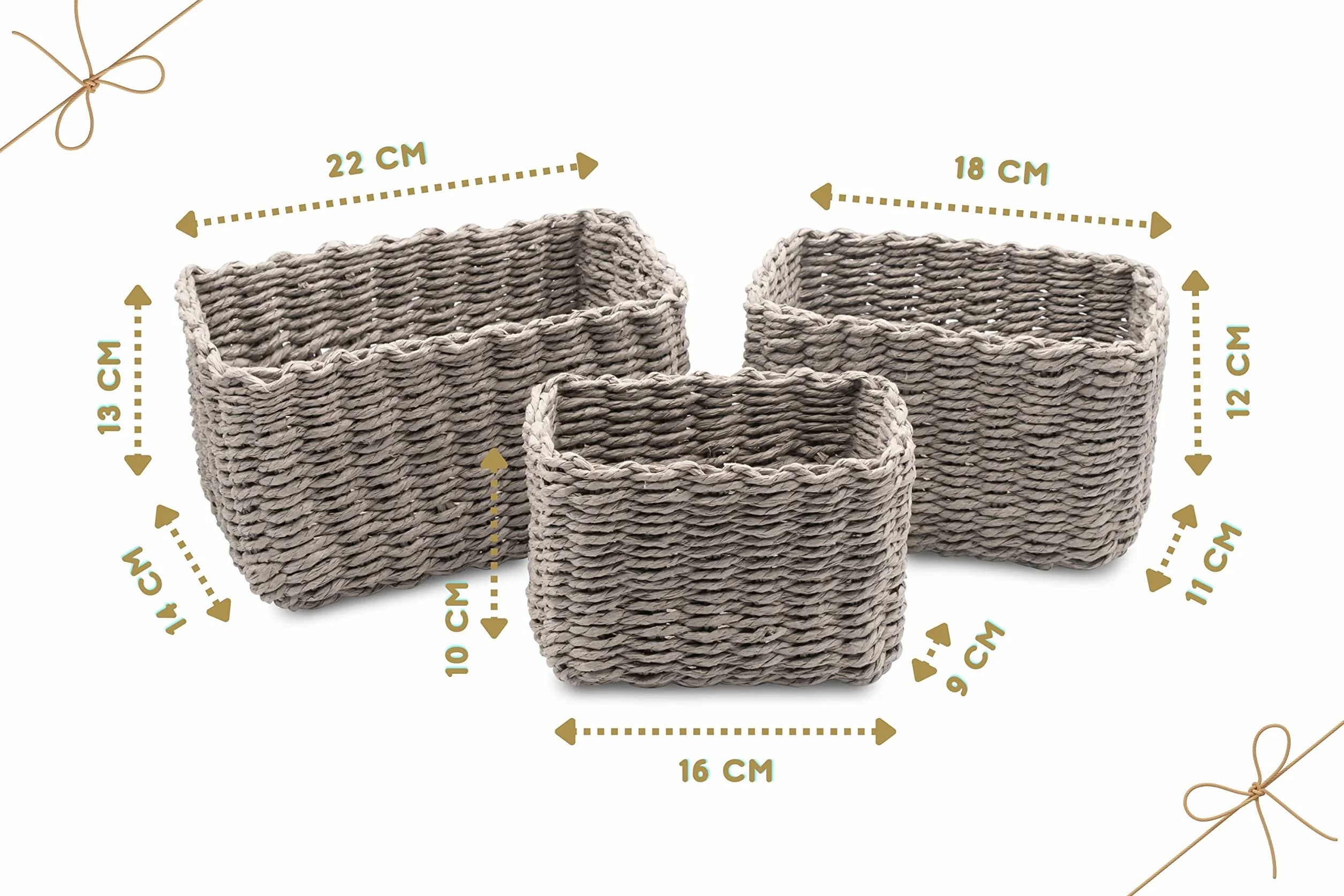 Set da 3 Cestini Portaoggetti, Porta Oggetti per il Bagno Salvaspazio, Cestino Organizer in Carta EcoFriendly, Cestini Intrecciati e Impilabili 22x14x13 cm Grigio I