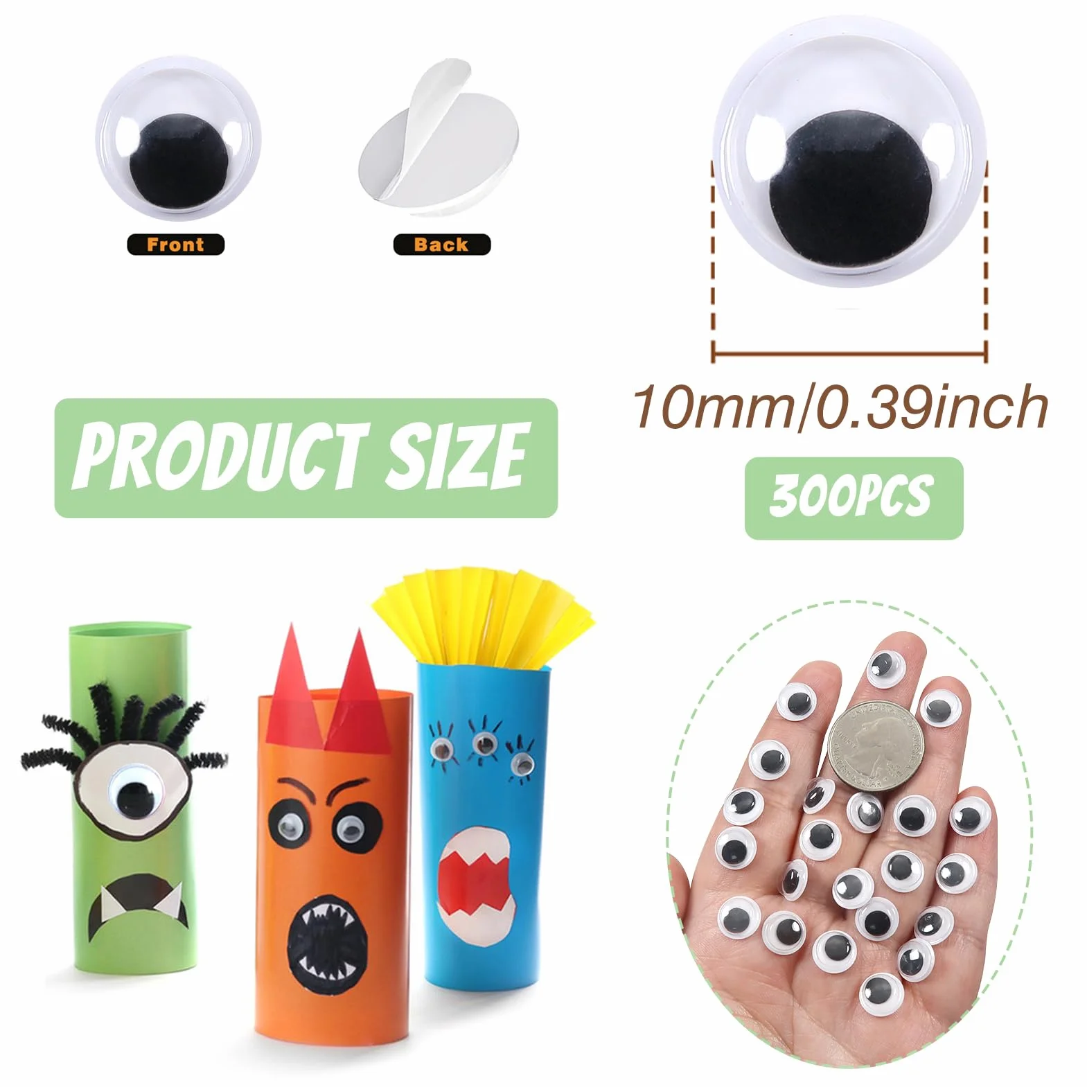 TOAOB 300 Pezzi Occhi Adesivi 10mm Rotondo Plastica Mobili Autoadesivi Wiggle Finti Occhietti per Lavoretti Fai da Te Scrapbooking Artigianato Bambole Pupazzi Accessori Bianco Nero