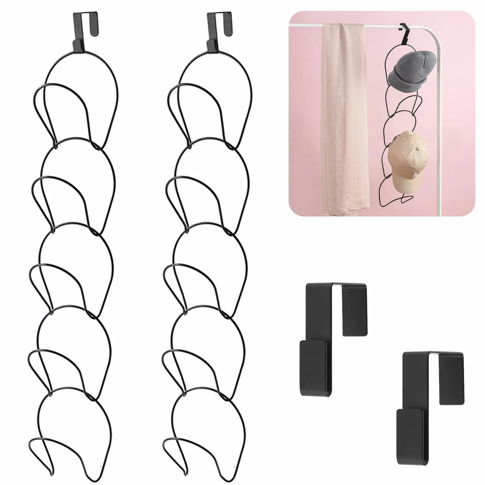 Porta Cappelli da Parete in Metallo con 2 Ganci, 10 Pezzi per Baseball, Sciarpe, Vestiti, Cravatte (Nero)