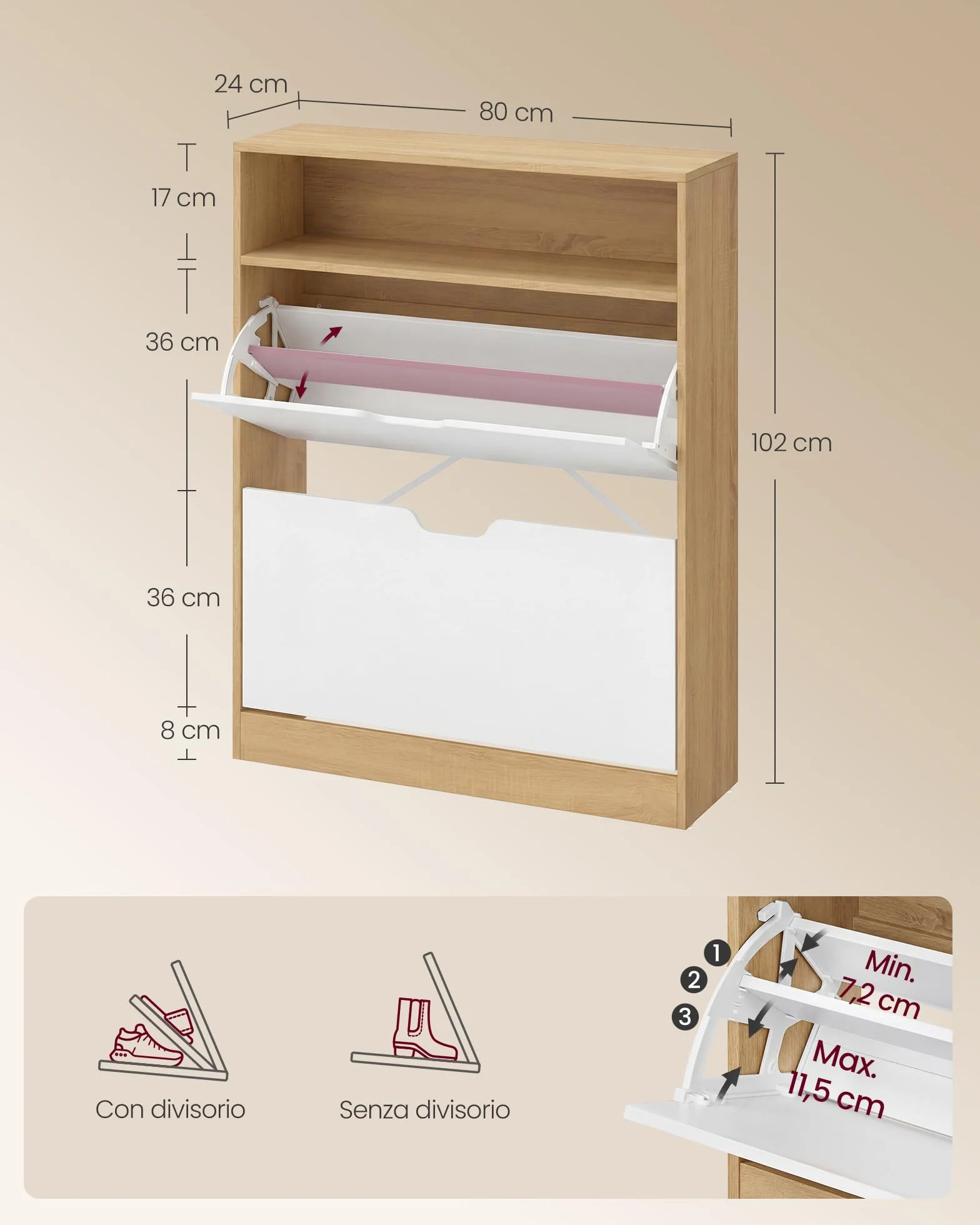 VASAGLE CUSTOS Collezione - Scarpiera, Scaffale Portascarpe, Scomparto Aperto, Divisorio Regolabile, Ingresso, 2 Ante a Ribalta, 24 x 80 x 102 cm, 14-16 Paia, Rovere Dorato e Bianco Nuvola LBC048YA02