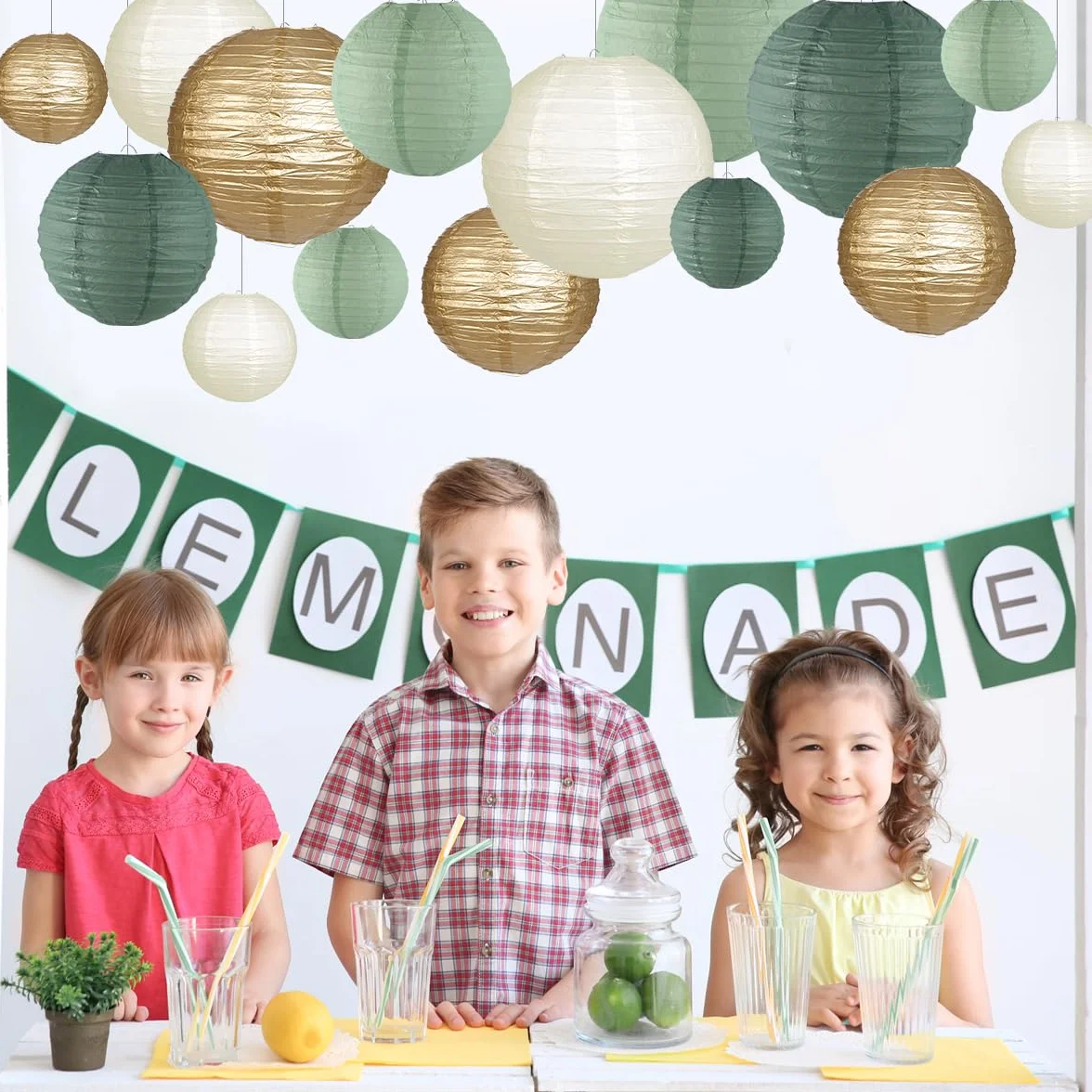 Lanterne di carta decorative, lanterne di carta rotonde da appendere, decorazioni per feste rustiche, addio al nubilato, matrimoni, verde salvia, forniture per feste di compleanno, oro/avorio/verde