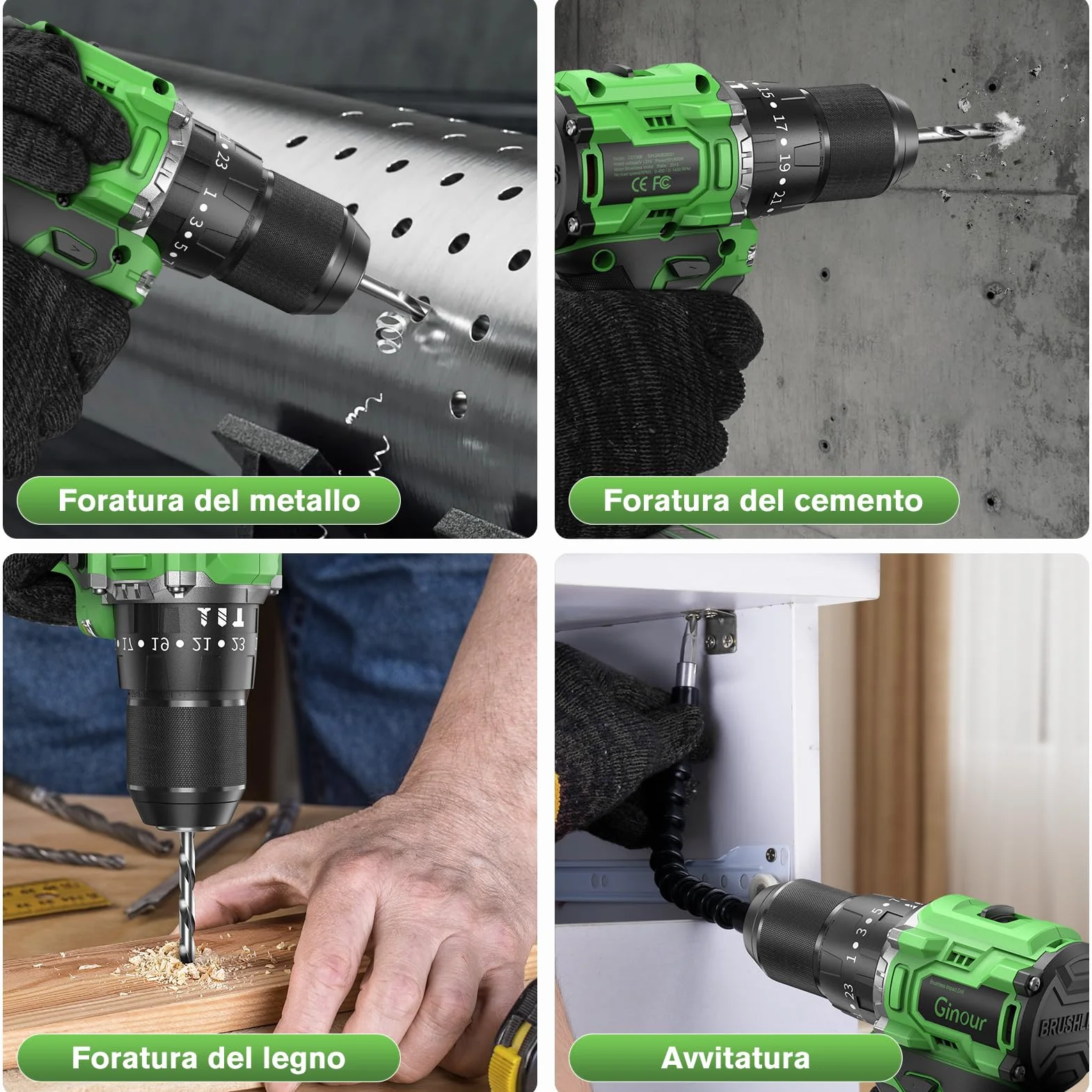 Ginour Avvitatore a Batteria 21V, Brushless Trapano a Percussione 50Nm, 2x2.0Ah Li compatibile con Makita 18V, 47 Accessori, 23+3 Coppie, 2 Velocità Multifunz. Trapani Avvitatori 10mm metallo Mandrino