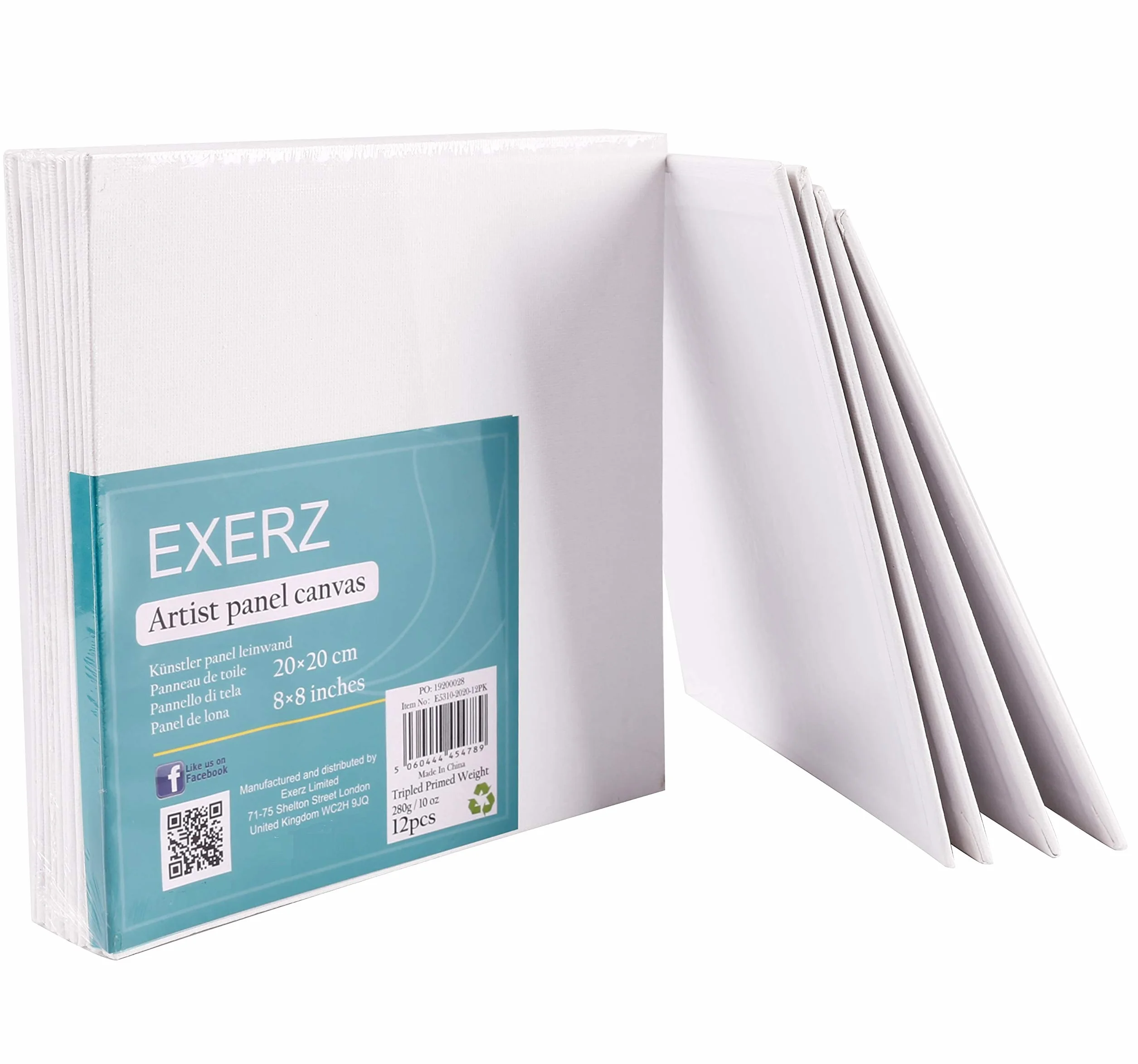 Exerz 20x20cm Pannelli in Tela 12pz - 3mm/ 280gsm/ 100% Cotone Cartoni Telati d’Artista Bianca per Pittura/Vuote/Tre Strati di Gesso/Prive di acidi/Grana Media - Olio o Acrilico
