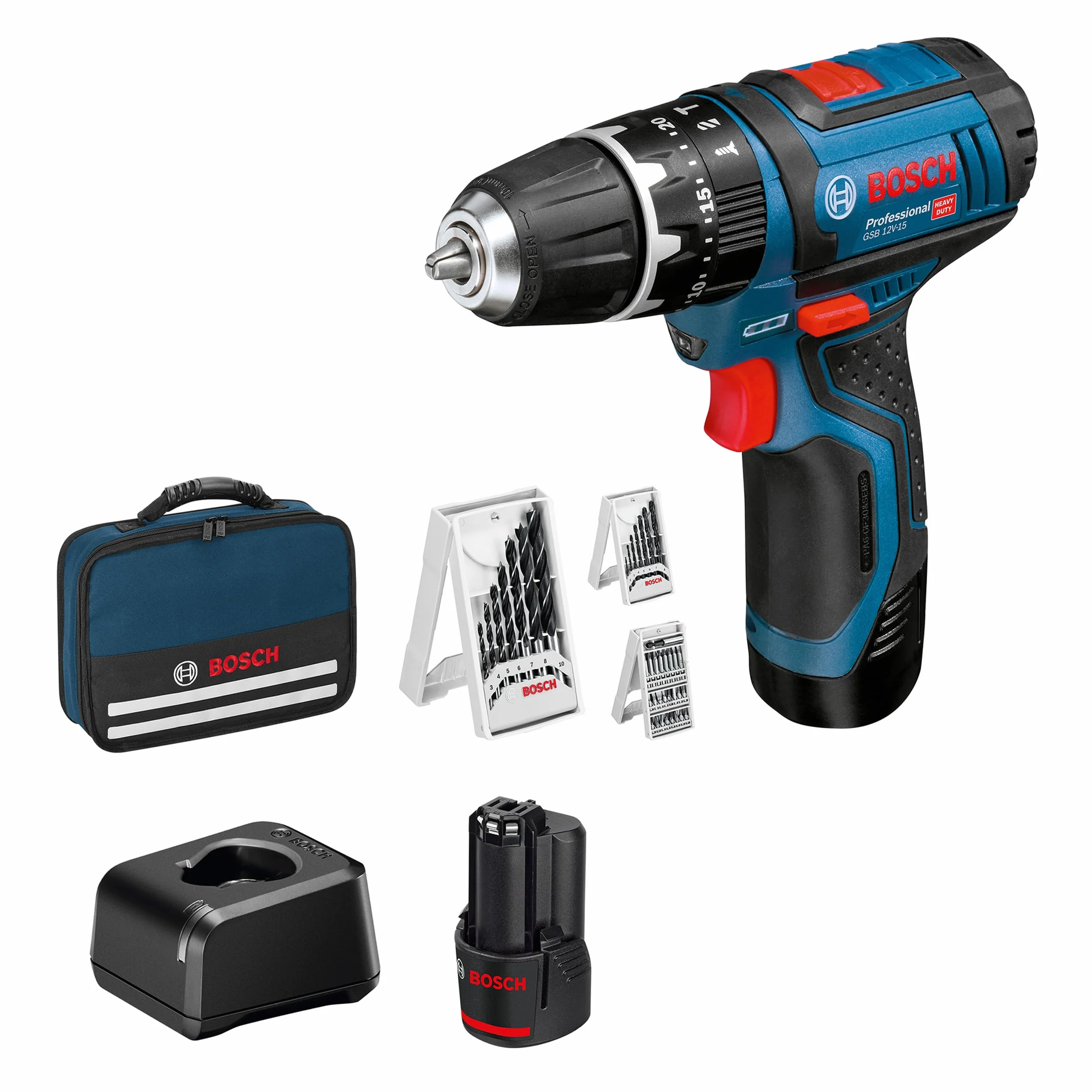 Bosch Professional Sistema 12V Trapano Avvitatore Con Percussione GSB 12V-15, Incl. Batteria 2x2.0 Ah + Caricabatterie, 2x Set Di Trapani, 1x Set Di Punte, In Borsa, Amazon Exclusive Set