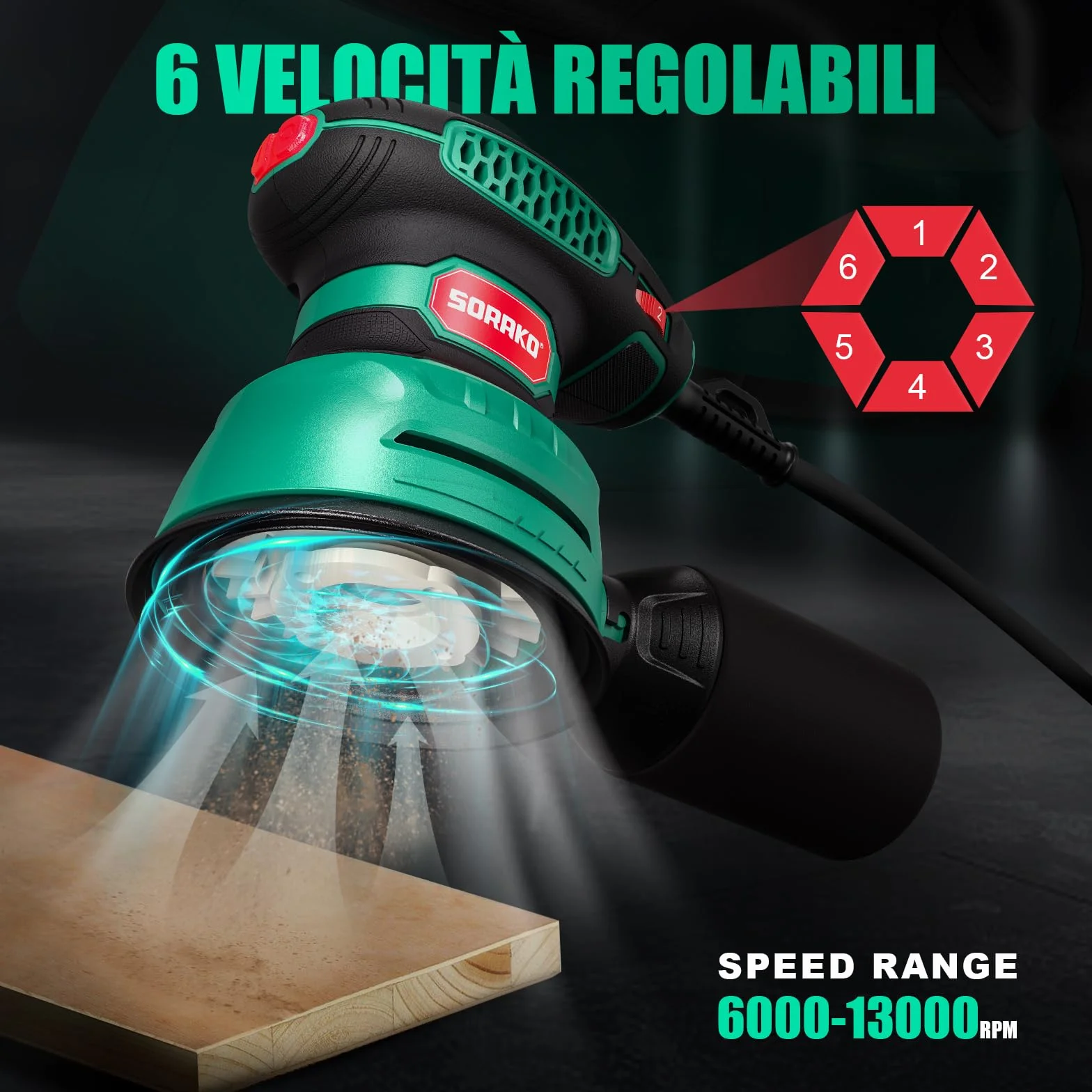 SORAKO Levigatrice Orbitale 350W 6 Velocità Regolabili con Raccolta Polvere e Carta Vetrata