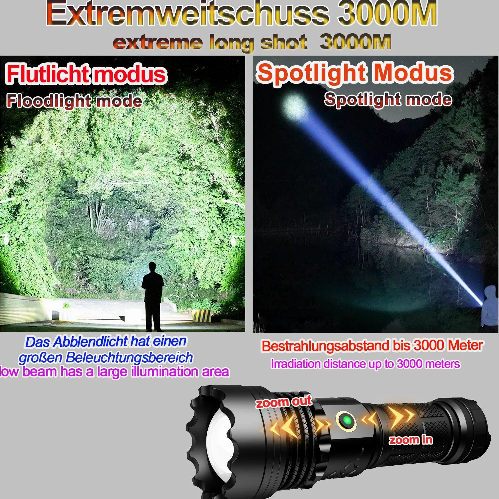 ASORT 【3km di raggio estremo】 torcia led potente professionale 30000 lumen, ricaricabile torcia, IPX67 impermeabile, 5 modalità di luce per campeggio, escursionismo, emergenze (1 * 26650 batteria)