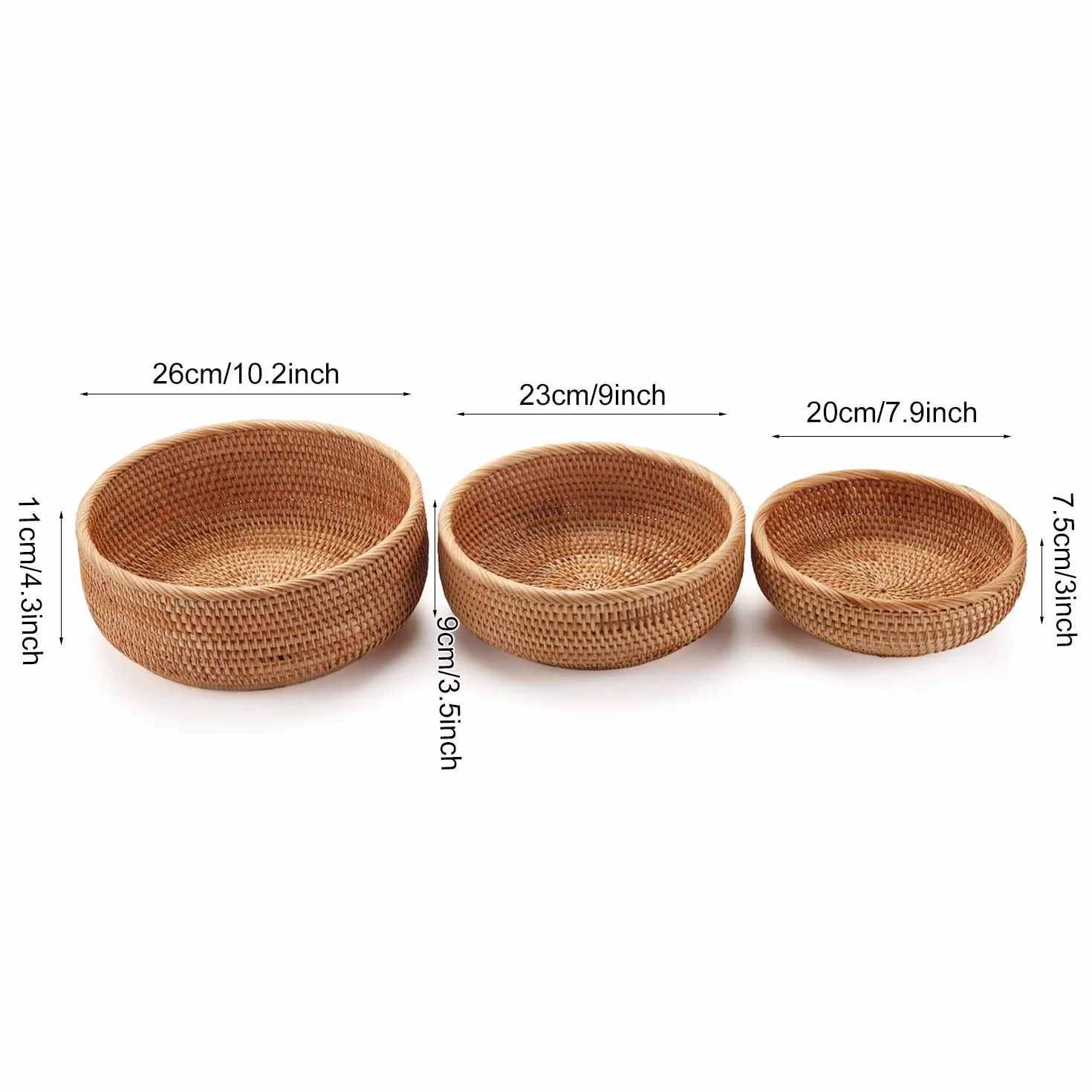 Cestini Portaoggetti Rotondi in Rattan Cesto Frutta Tessuta Impilabile per Armadi da Cucina Scaffale Naturale Set di 3