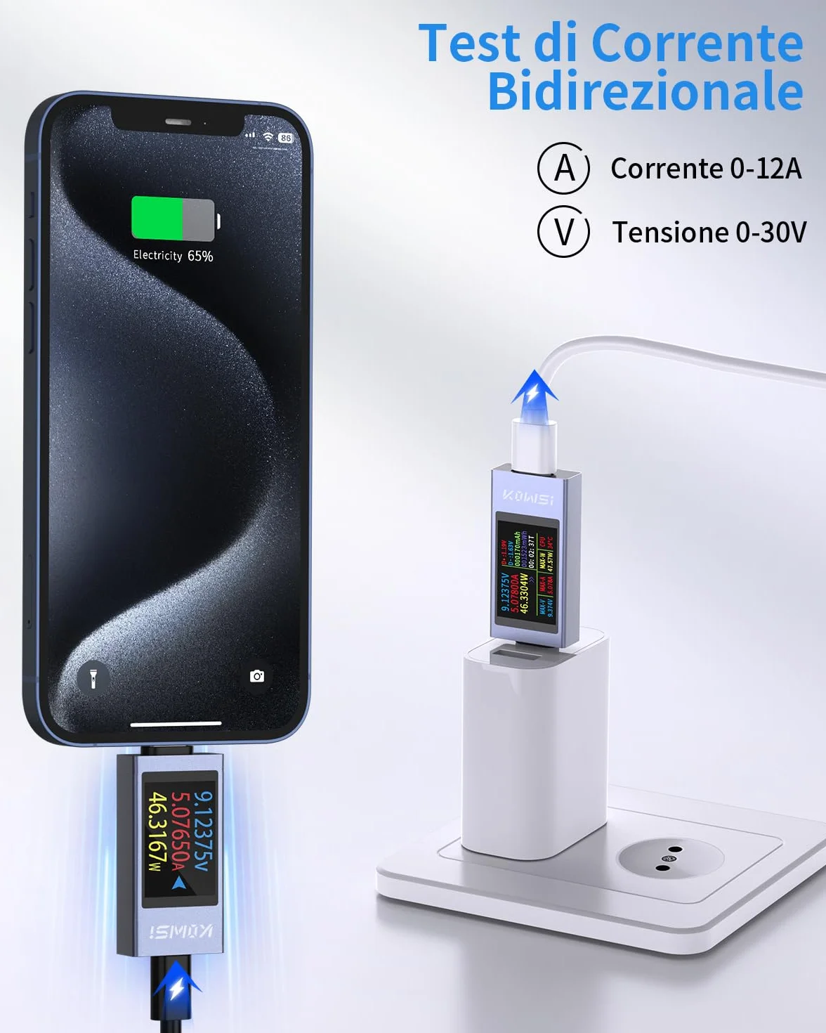 Tester USB C Multimetro Digitale 360W 4-30V 0-12A Voltmetro Amperometro