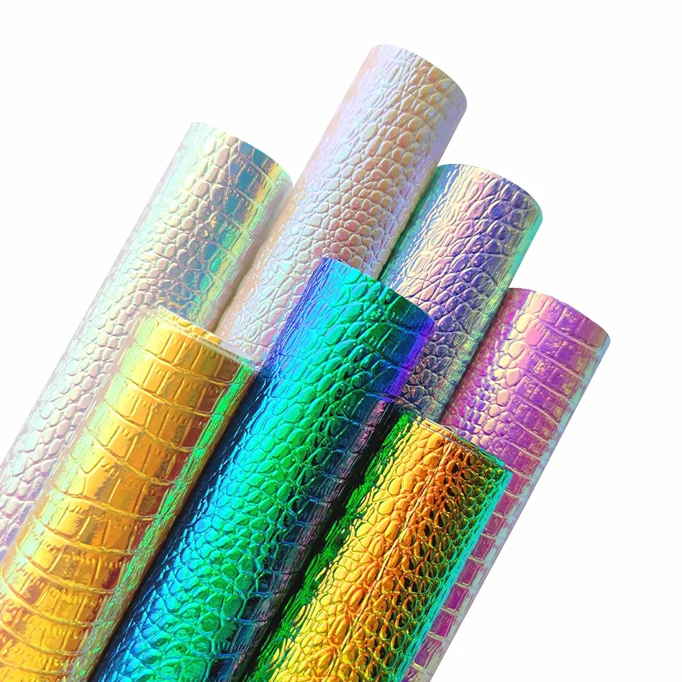 Confezione da 7 fogli in finta pelle metallizzata iridescente effetto coccodrillo con elementi di animali testurizzati in colore brillante A4 Bump PU per orecchini, fiocchi per capelli e progetti fai
