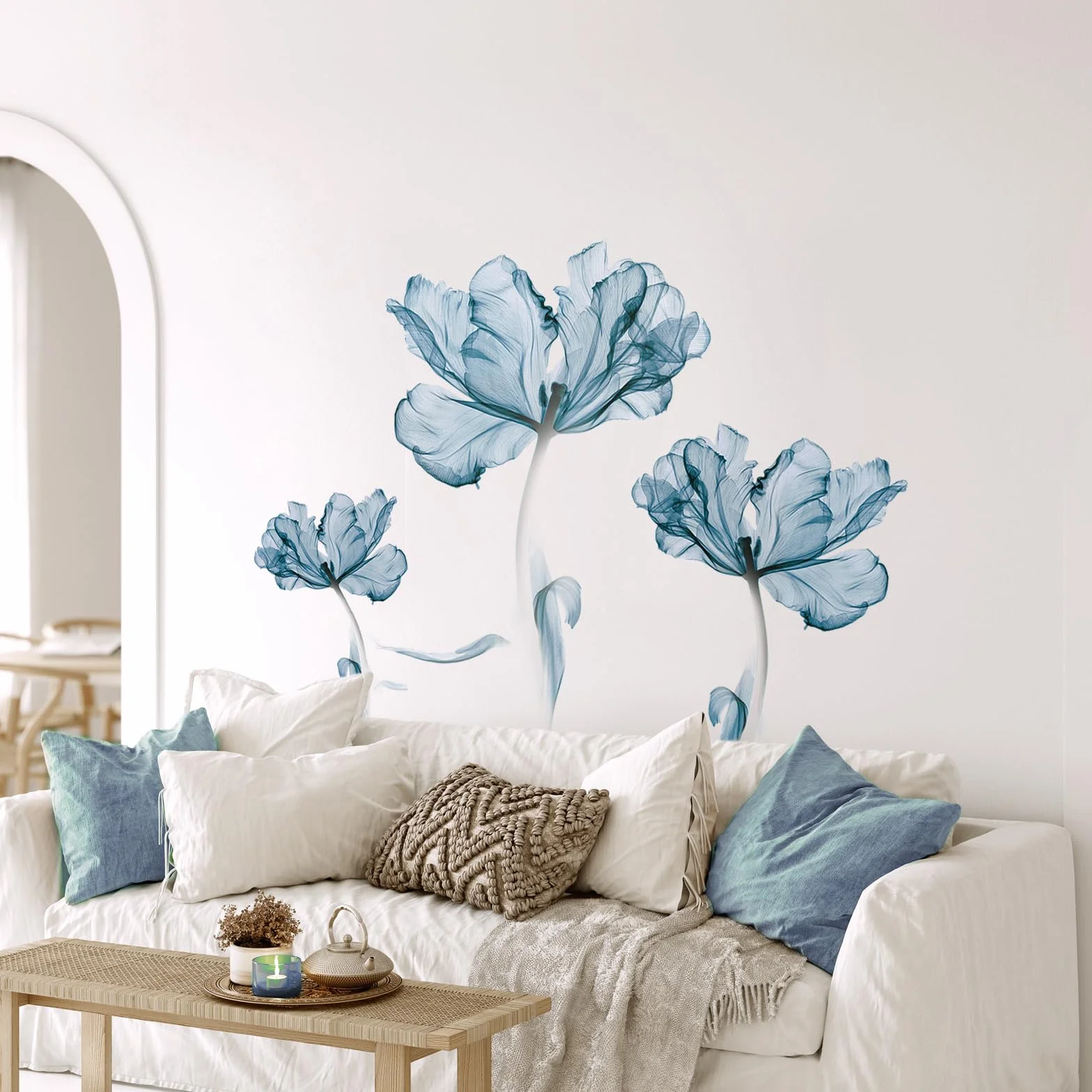 Tanlaby Grande Blu Fiori Adesivi Murali Azzurri Fiori Adesivi da Parete Loto in fiore Stickers Muro per Camera da Letto Soggiorno Ufficio Divano TV Decorazione Parete