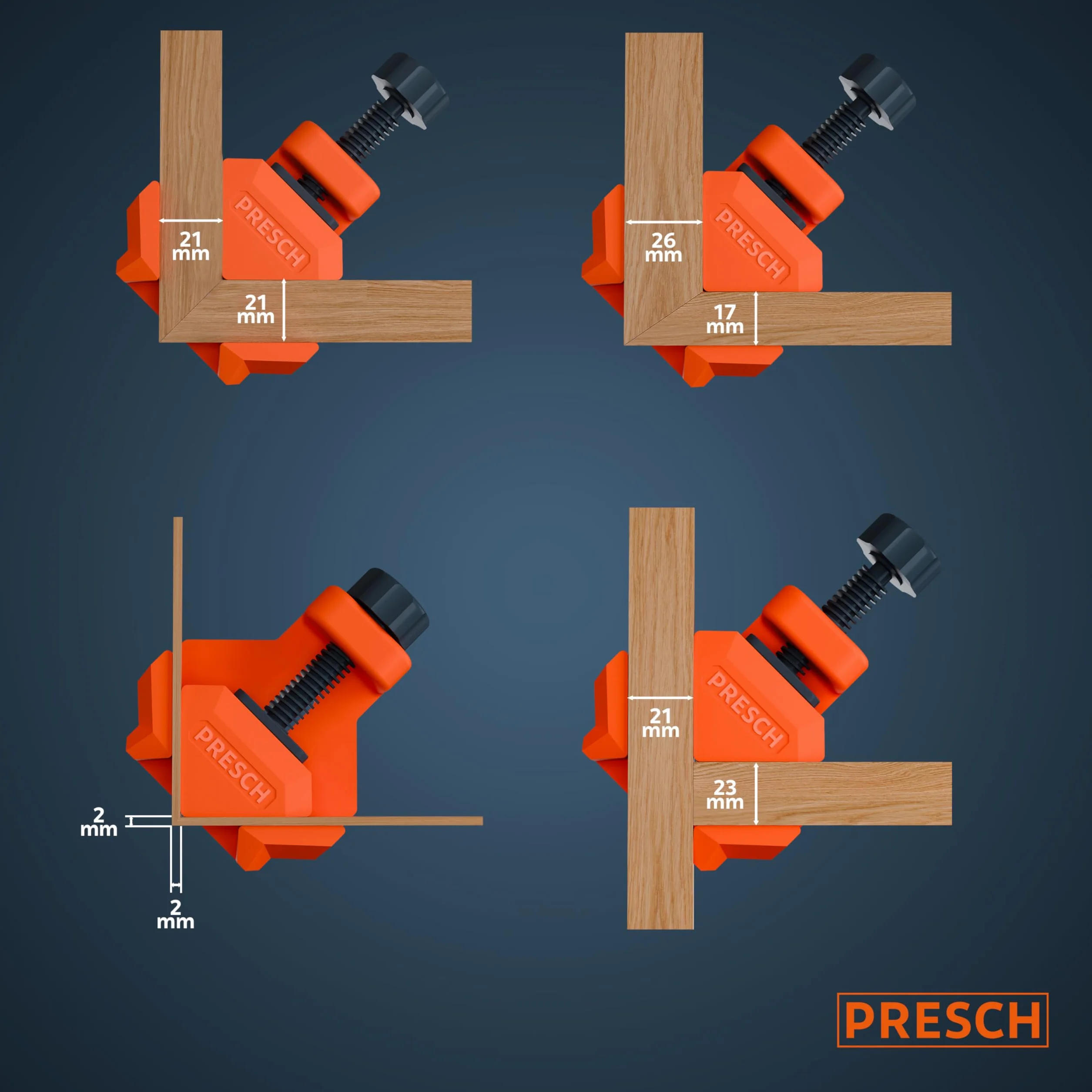 Presch Morsetti angolari per legno 4 pz - Morsetti angolari da falegname i per pannelli di spessore fino a 26 mm - Forza di serraggio di 25 kg per l'incollaggio - Per angoli precisi di 90° del legno