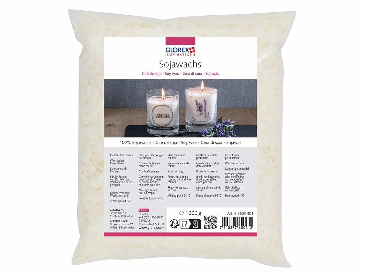 Glorex 6 8603 400 Miscela di Cera di Soia Pronta all'Uso, Punto di Fusione 54°C, per la Fabbricazione di Candele, 1000 g