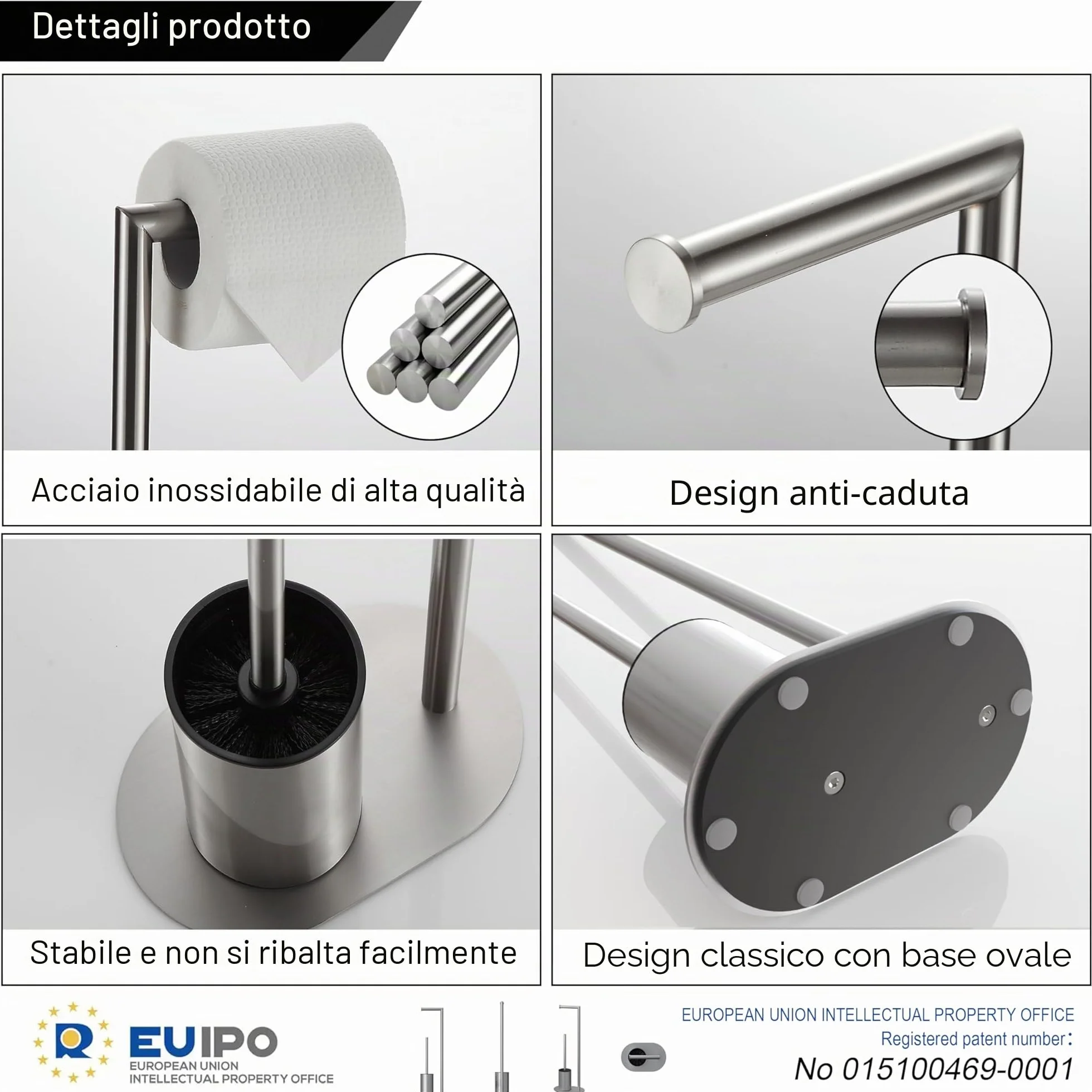 BVL Piantana Portarotolo e Scopino Spazzolato, Scopino WC con Porta Carta Igienica in Acciaio Inox, Porta Carta Igienica da Terra Scopino Bagno WC