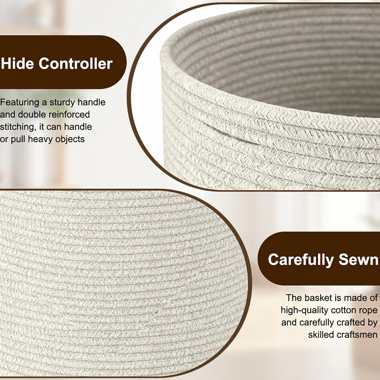 Cestino Portaoggetti in Corda di Cotone, Cesto Portabiancheria 40x35 cm con Manici, Cesto Organizzatore per Giocattoli, Abiti, Coperte, per Nursery, Soggiorno, Camera da Letto (Beige)