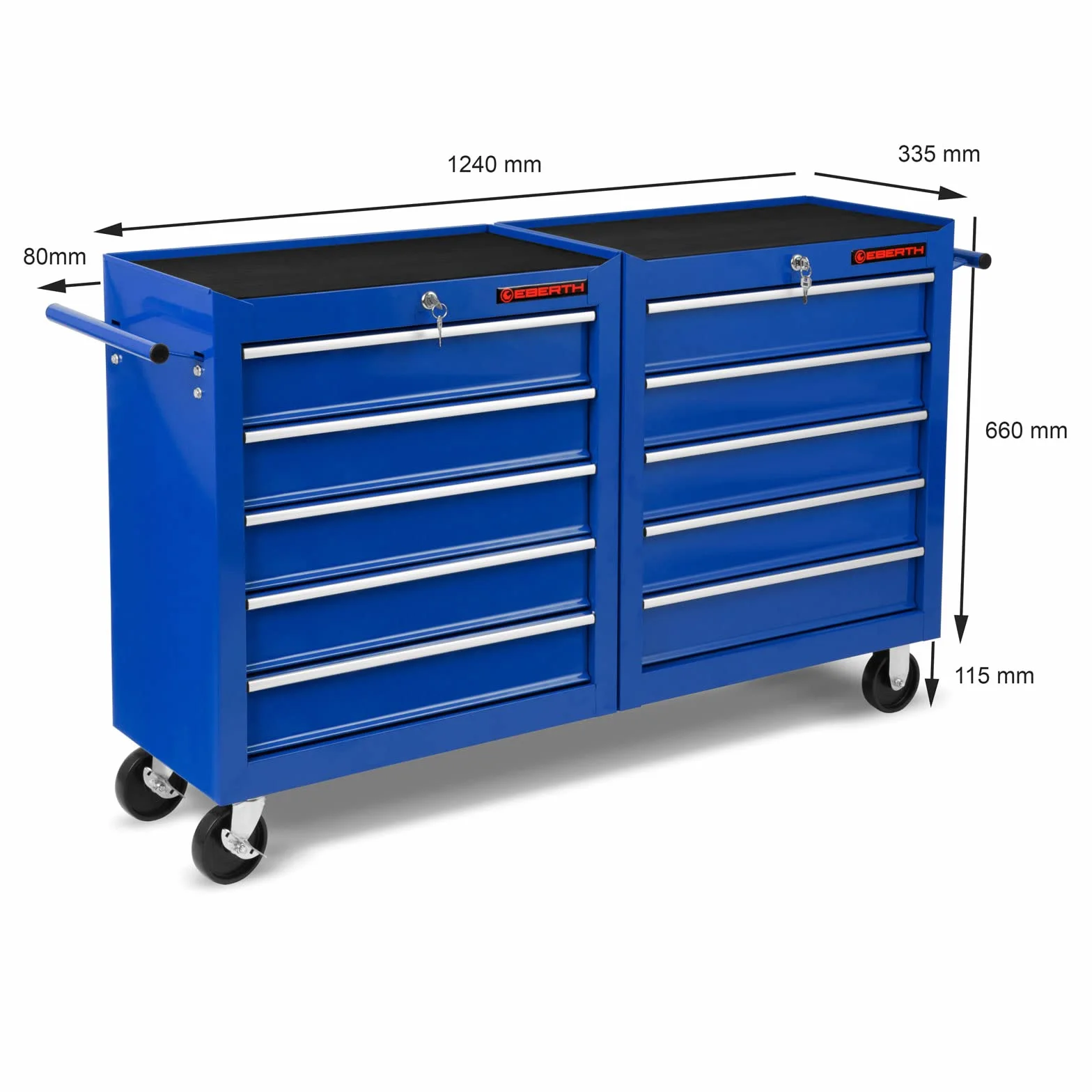 EBERTH Carrello da officina, carrello portautensili in metallo, vuoto, 10 cassetti, verniciato a polvere blu, 2 ruote piroettanti con freno, cassetta portautensili, arrotolabile, per autofficina