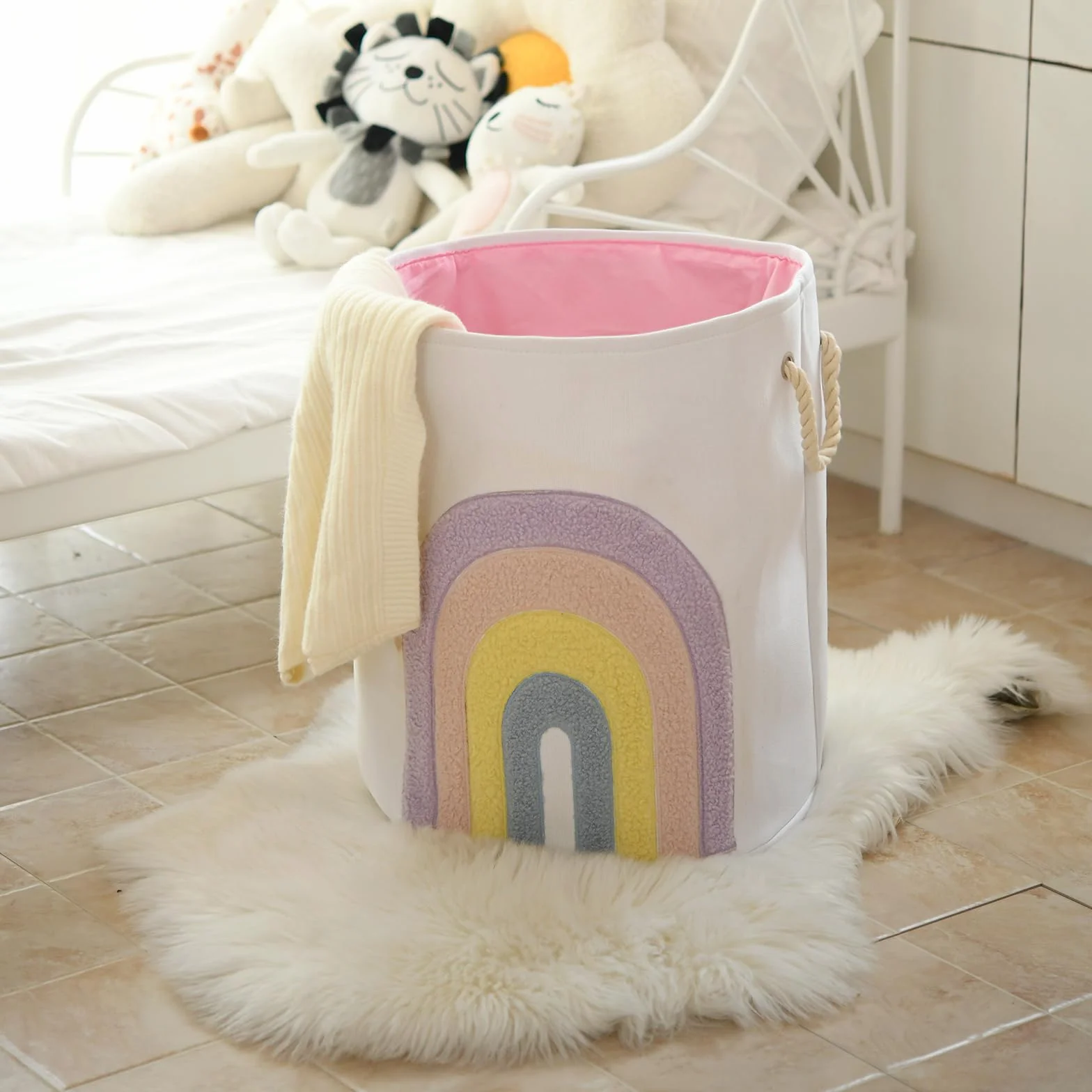 Cesto per il Bucato per Bambini Rosa, 58L in Tela con Chiusura a Coulisse Cesto Extra Large per Vestiti del Bambino Cesto per la Nursery e Giocattoli (Arcobaleno)