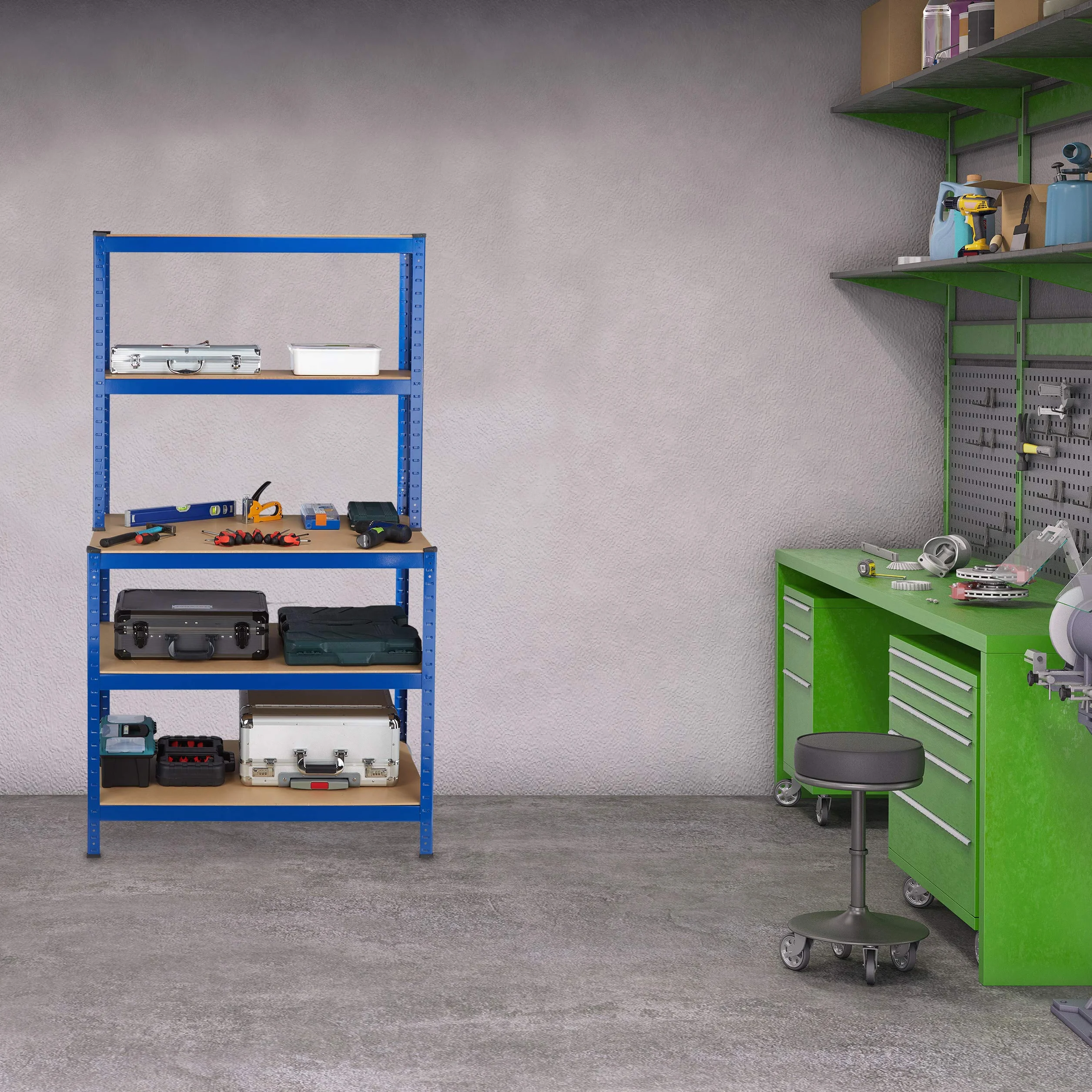 Relaxdays Scaffale in Metallo, Banco da Lavoro, Capacità fino a 900 kg, 5 Ripiani, Incastro 180x100x60, Acciaio,MDF, blu