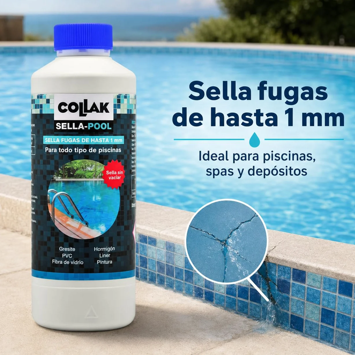 Collak Sigillante per perdite per piscina Seala-Pool 1L - Ripara crepe senza vuoto - Compatibile con Liner, Calcestruzzo, PVC, Fibra, SPA, Serbatoi e Tubi - Uso professionale e domestico