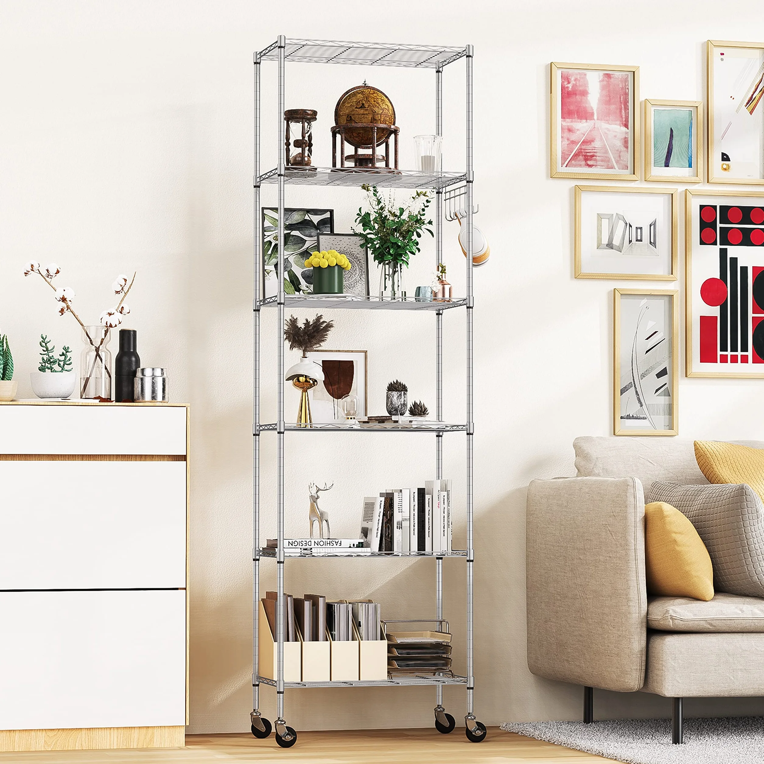 Himimi Scaffale in Filo Metallico a 6 Livelli con Ruote, Regolabile in Altezza, Scaffale in Piedi Resistente con Gancio per Bagno Cucina Garage Camera da Letto Argento