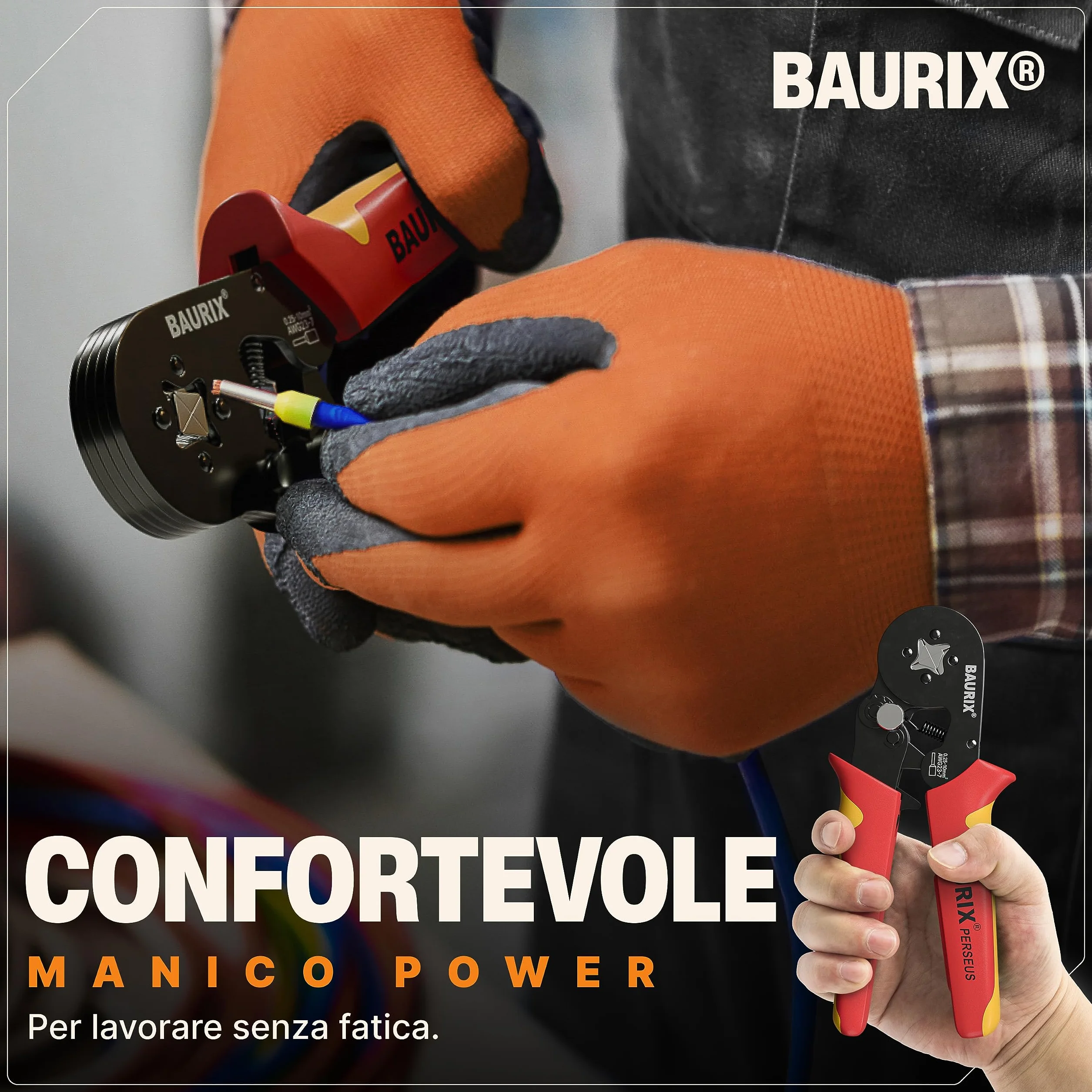 BAURIX® Pinza Crimpatrice con 1800 Puntalini Elettrici 0,25-10mm², Crimpatrice Autoregolante per Filo Elettrico, Pinza Crimpatrice Automatica, Pinza Elettricista - Modello:PERSEUS (4 Bordi)