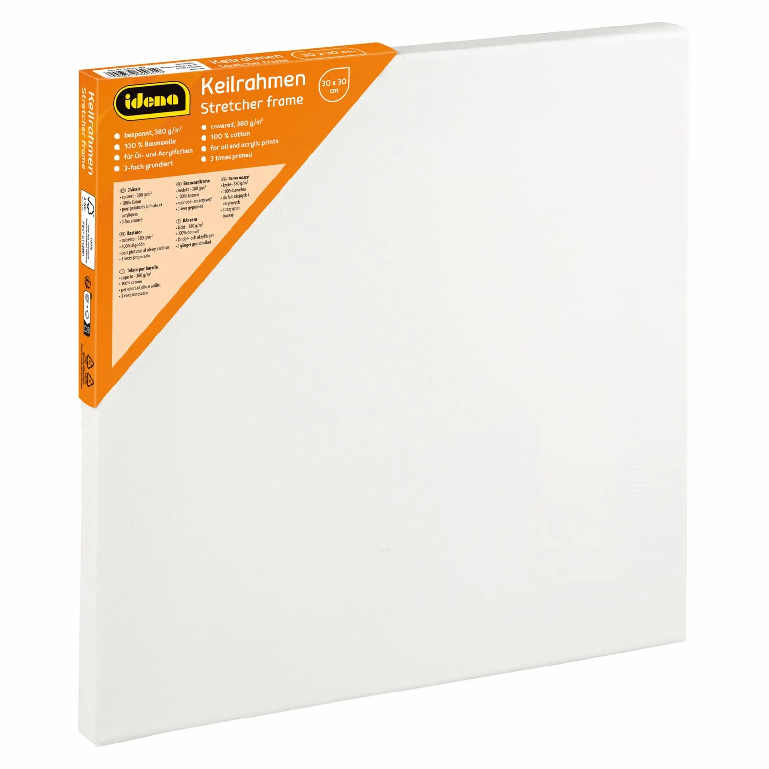 Idena 60031 - Telaio per barella con tela in 100% cotone, grammatura 380 g/m², per colori ad olio e acrilici, circa 30 x 30 cm grande, bianco