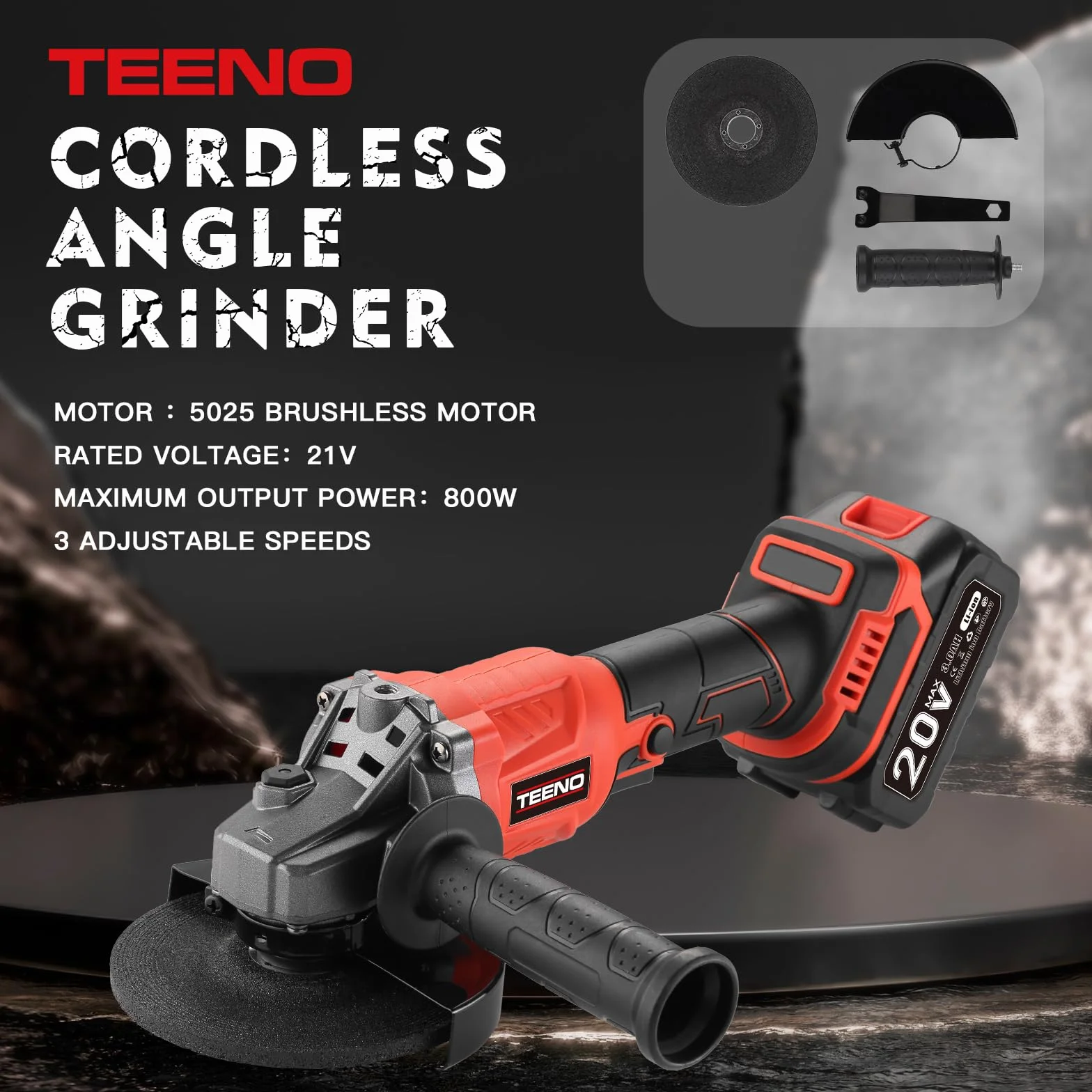 Kit utensili TEENO da 3 pezzi (avvitatore a impatto a batteria senza spazzole + trapano a percussione + smerigliatrice angolare senza spazzole), Batterie da 20 V e 3 Ah*2