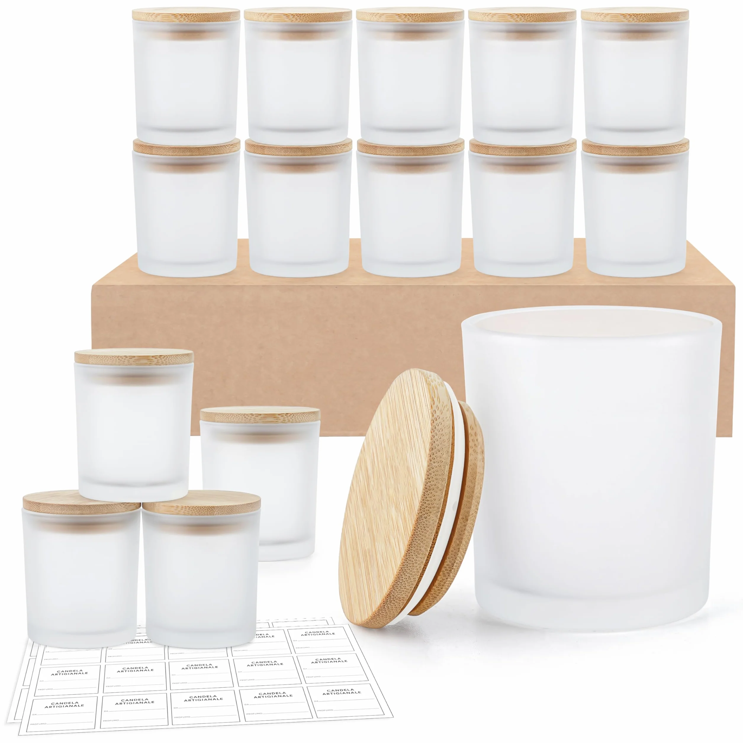 Winter Shore 170 ml Barattoli Vetro con Coperchio [Set di 15] - Contenitori Vetro Smerigliati per Realizzare Candele - Candele Fai da Te - 15 Etichette Adesive, 15 Etichette Vuote, 1 Penna Nera
