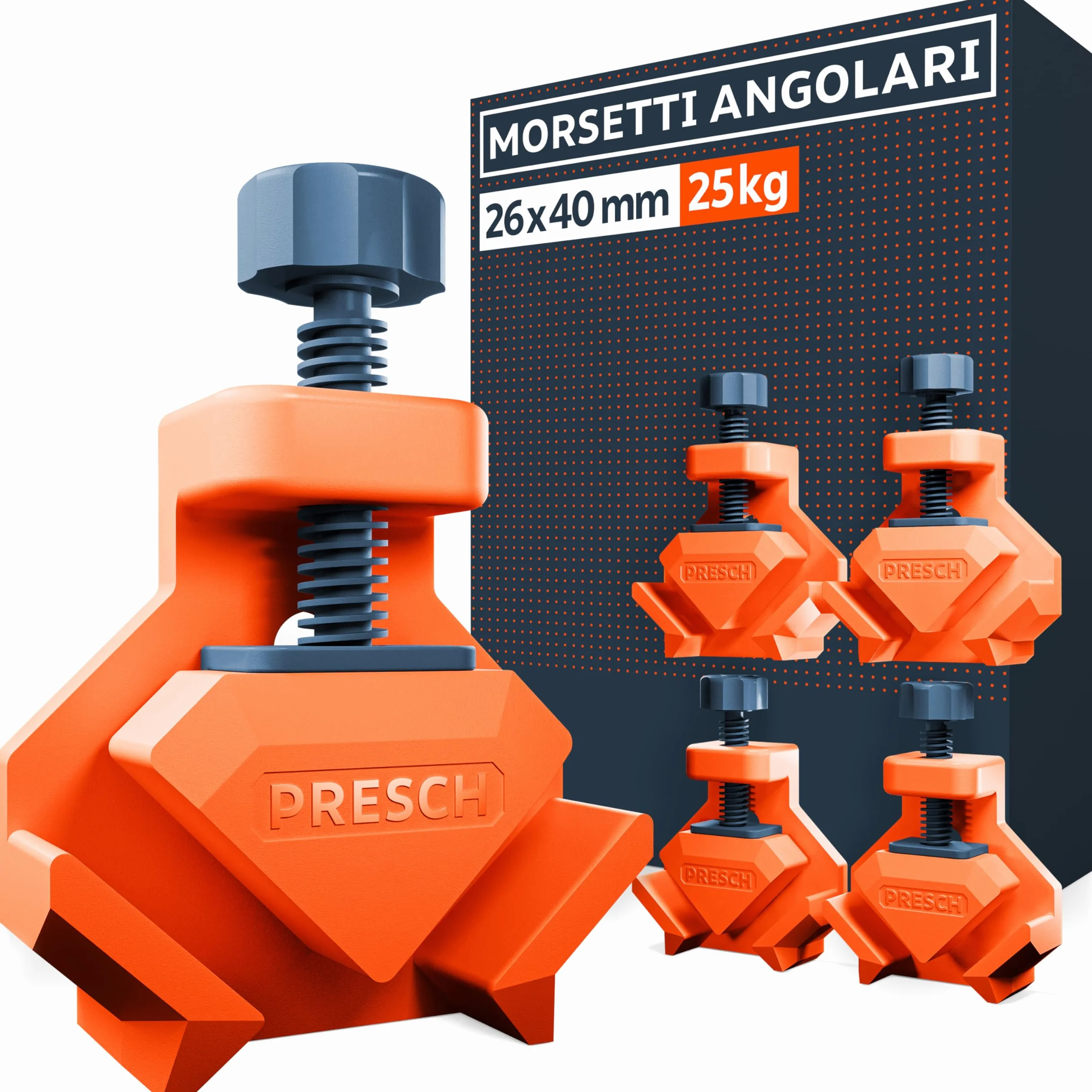 Presch Morsetti angolari per legno 4 pz - Morsetti angolari da falegname i per pannelli di spessore fino a 26 mm - Forza di serraggio di 25 kg per l'incollaggio - Per angoli precisi di 90° del legno