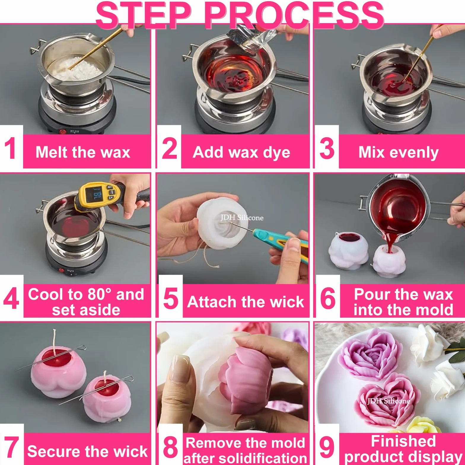 Stampi per Candele In Silicone, 6 Pezzi stampo candele stampi In silicone Per Fiori,Fiore Di Fondente Stampo a Forma,Silicone Per Fiori di Rose per Torta Cioccolato Sapone Candela Ice Cube