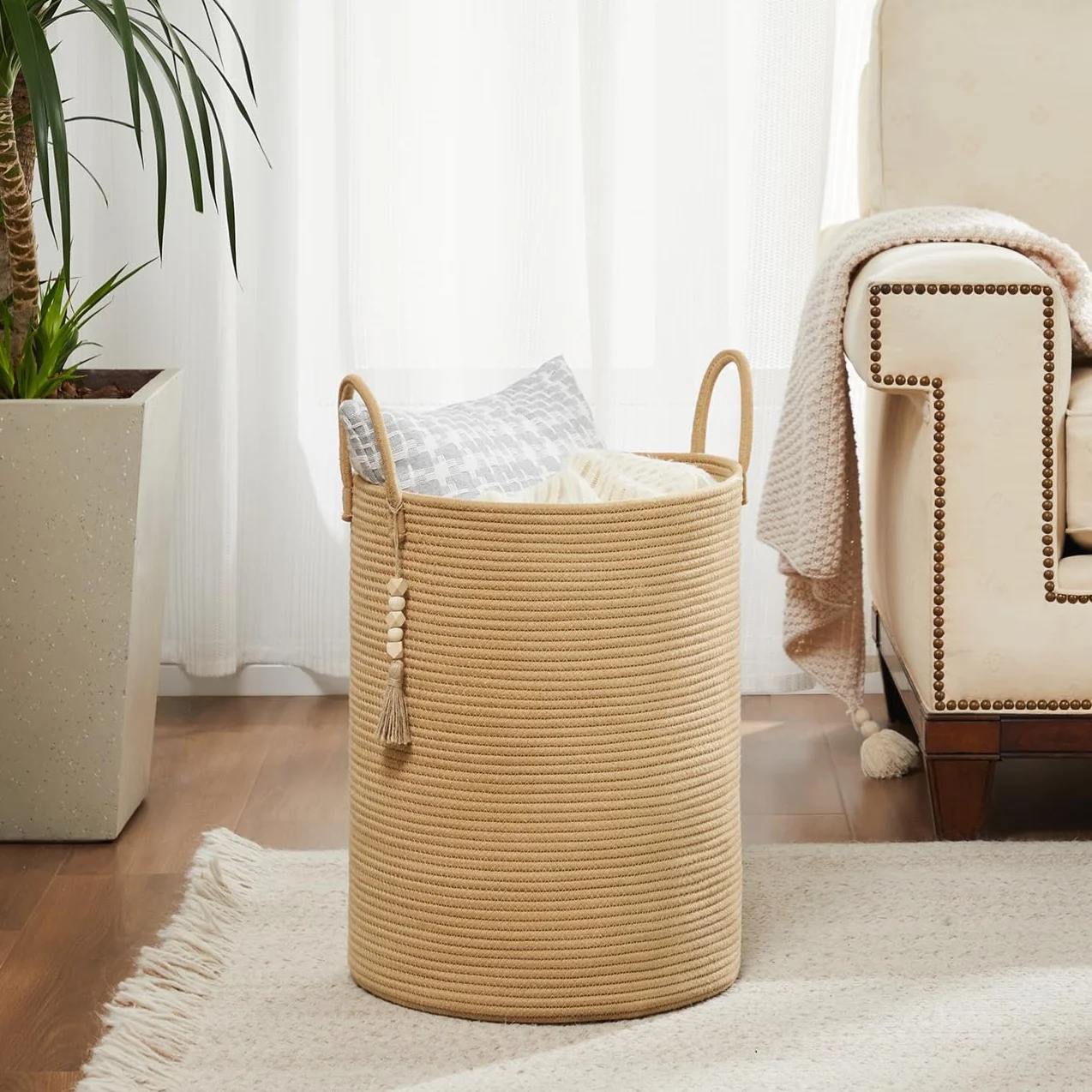 YOUDENOVA Cesto Portabiancheria Intrecciato per Giocattoli,Cesto Biancheria Sporca con Maniglia Cotone, Cesta Decorativa per Vestiti 58L marrone puro