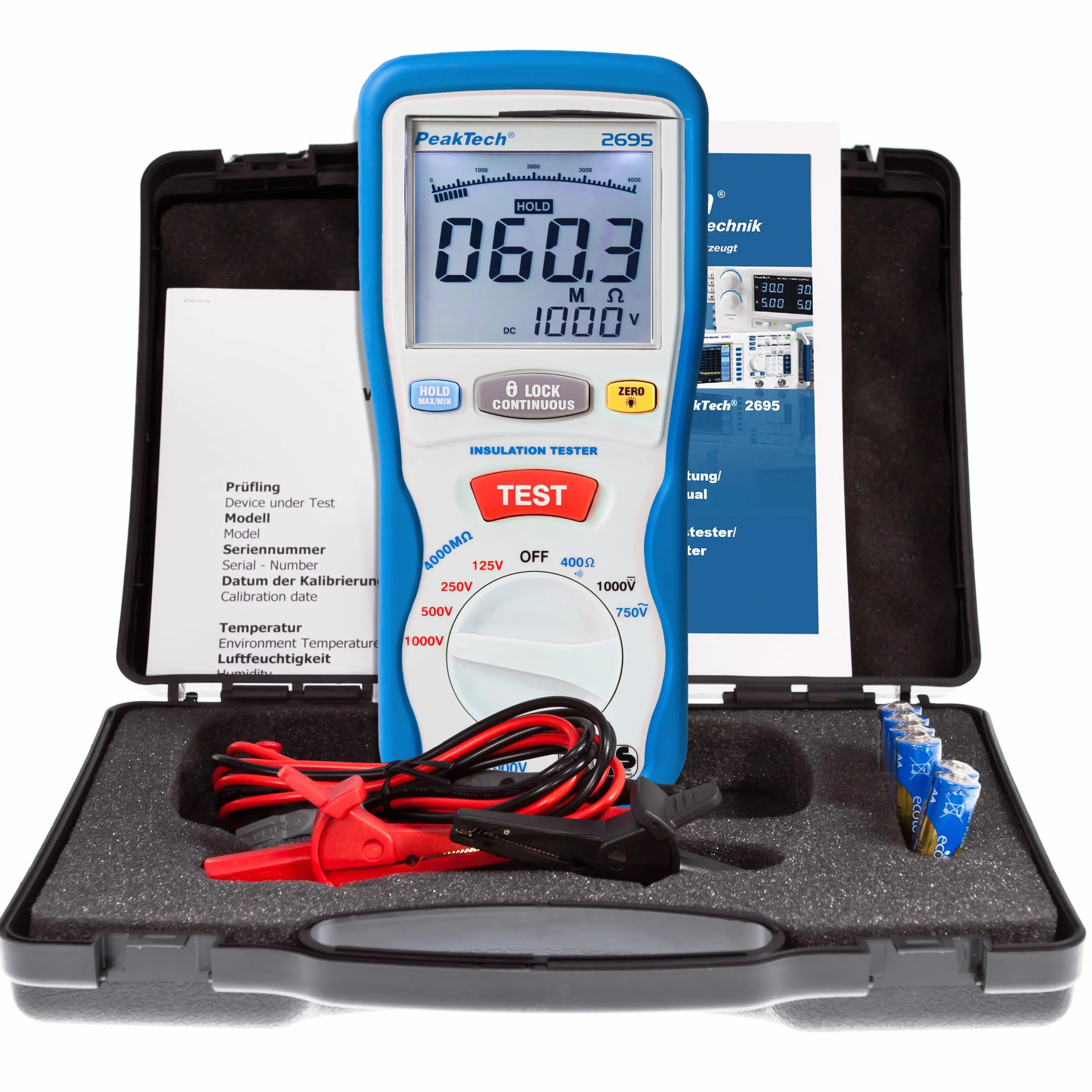 Peaktech P 2695 - Tester per Isolamento Elettrico, Voltmetro, Tester di Continuità, Circuiti e Fusibili, Funzioni Min/Max e Blocco Dati, Tüv/Gs - 125 V, 250 V, 500 V, 1000 V