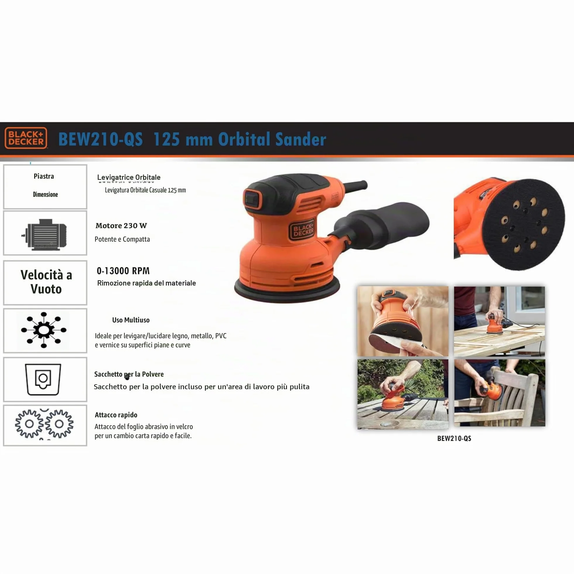 BLACK+DECKER Levigatrice roto orbitale 230W BEW210-QS con sacchetto raccoglipolvere