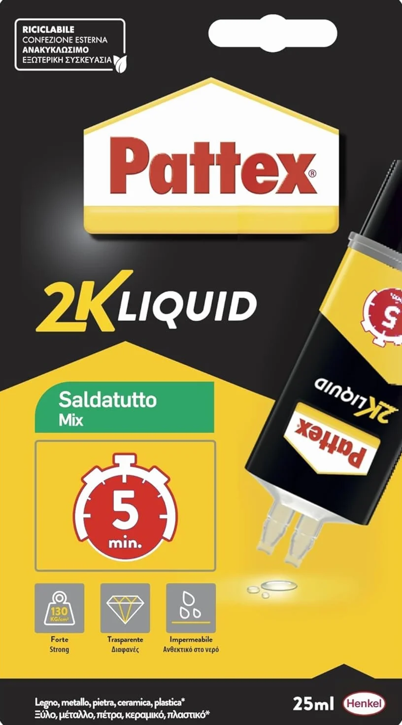 Pattex Power Epoxy Saldatutto Mix 5 minuti, forte Colla epossidica bicomponente, Colla bicomponente per plastica a elevata tenuta finale, Adesivo multiuso multimateriale, trasparente, 1x28g