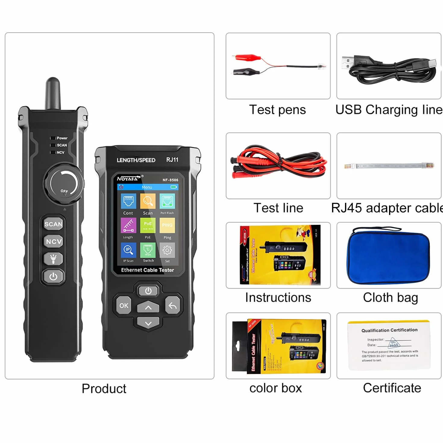 NOYAFA NF-8506 Tester di Cavi di Rete – Tester Ethernet con Ping, Scansione IP e TDR, Test Velocità Rete, Lampeggio Porte, Rilevatore Cavi RJ45 RJ11, CAT5 CAT6