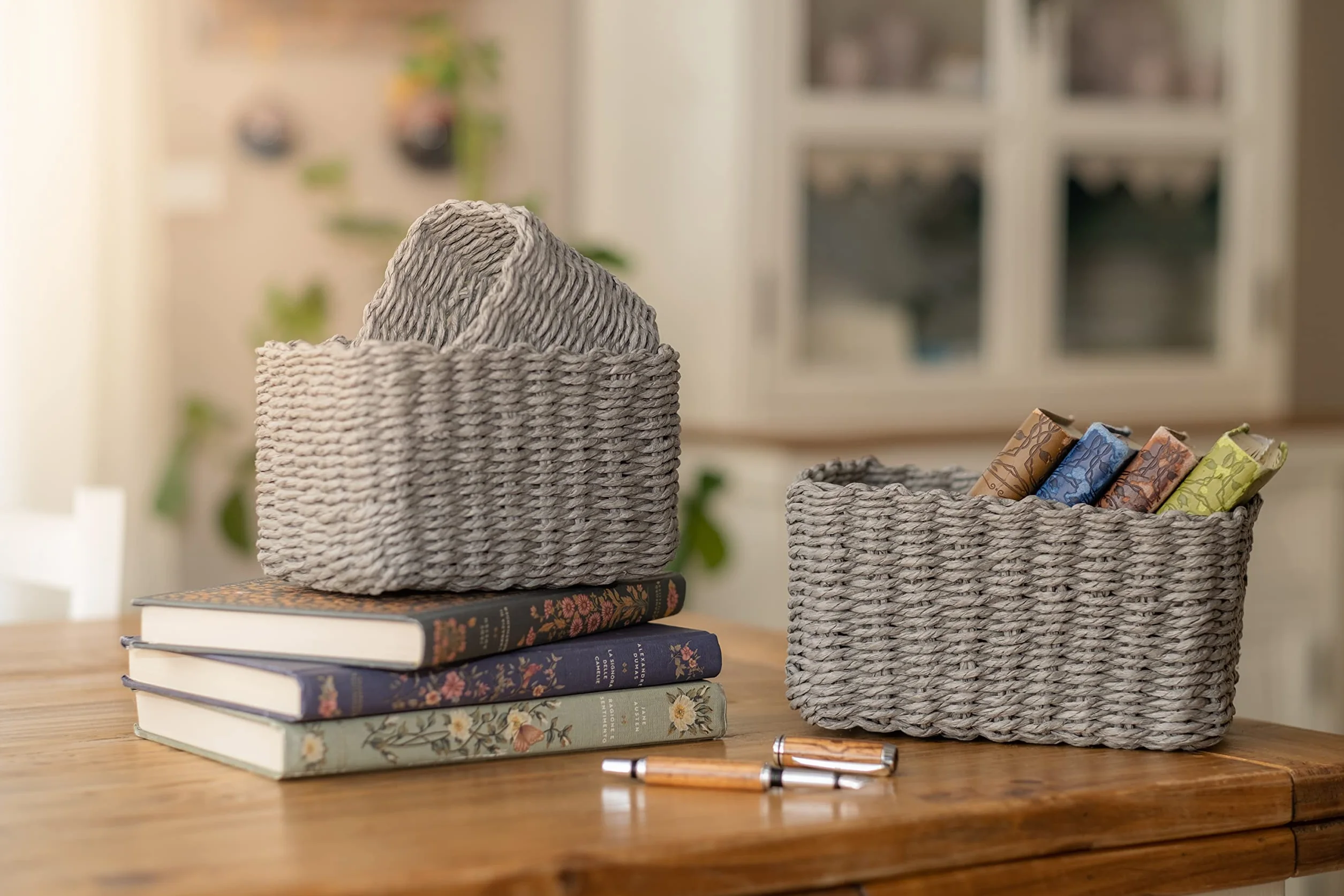 Set da 3 Cestini Portaoggetti, Porta Oggetti per il Bagno Salvaspazio, Cestino Organizer in Carta EcoFriendly, Cestini Intrecciati e Impilabili 22x14x13 cm Grigio I