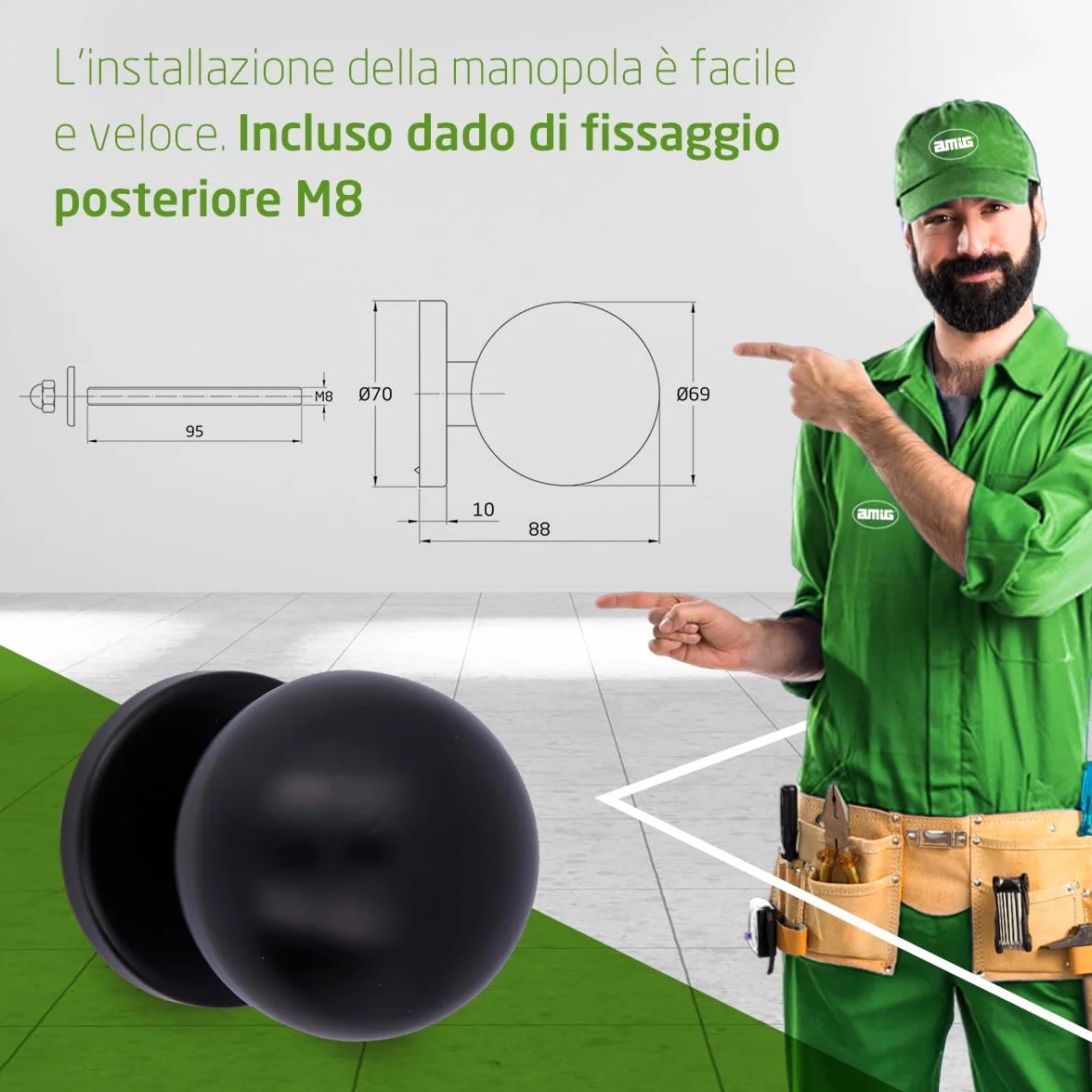 Amig - Pomello per porta | Realizzato in acciaio inossidabile | Maniglia: Ø70 mm | Nero | Resistente allo sfregamento, alla ruggine e alla corrosione