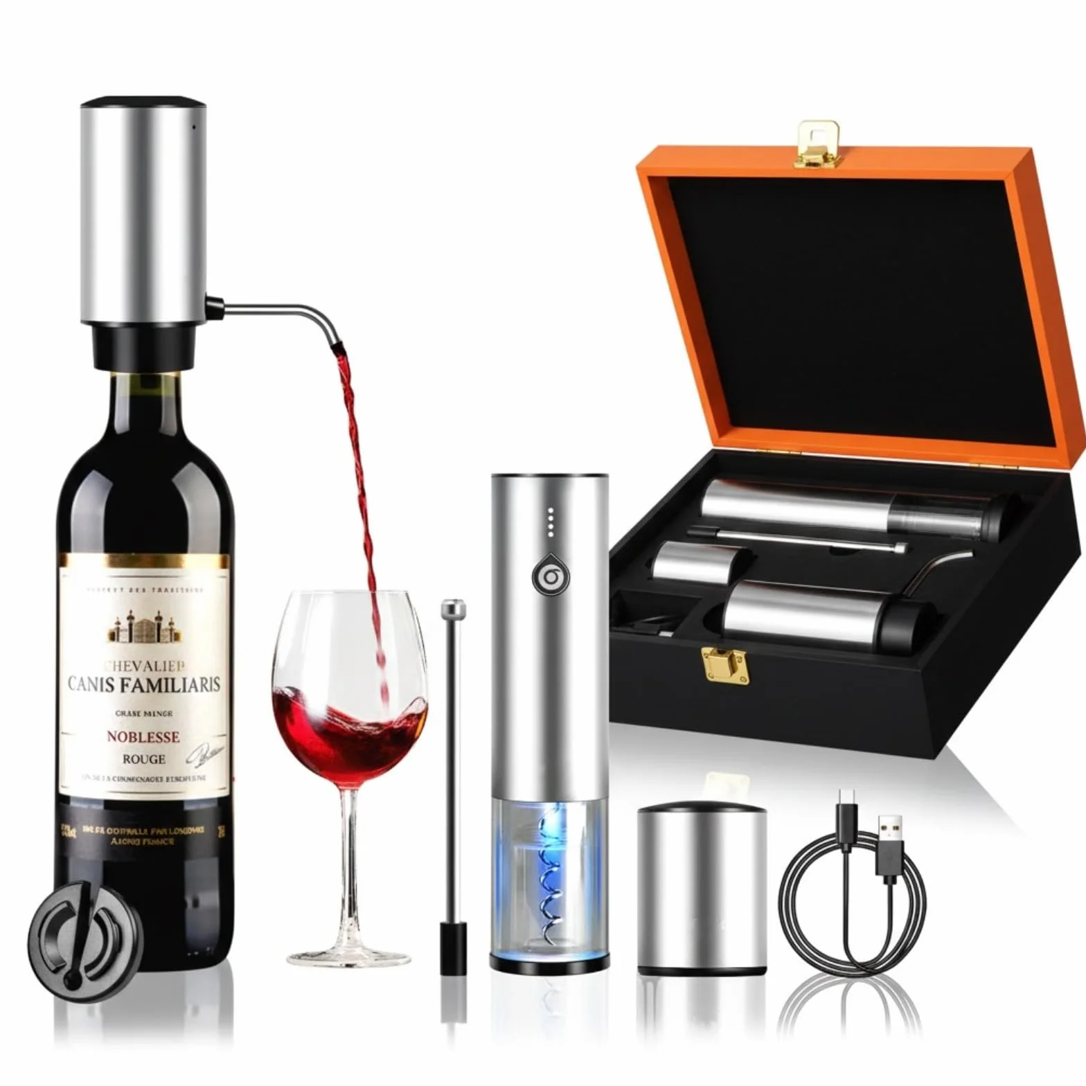 Cavatappi Elettrico per Vino 4 in 1 Set Regalo, Apribottiglie Elettrico Ricaricabile Automatico con Aeratore Vino Elettrico, Tappo Sottovuoto e Tagliacapsule - Regalo per Amanti del Vino