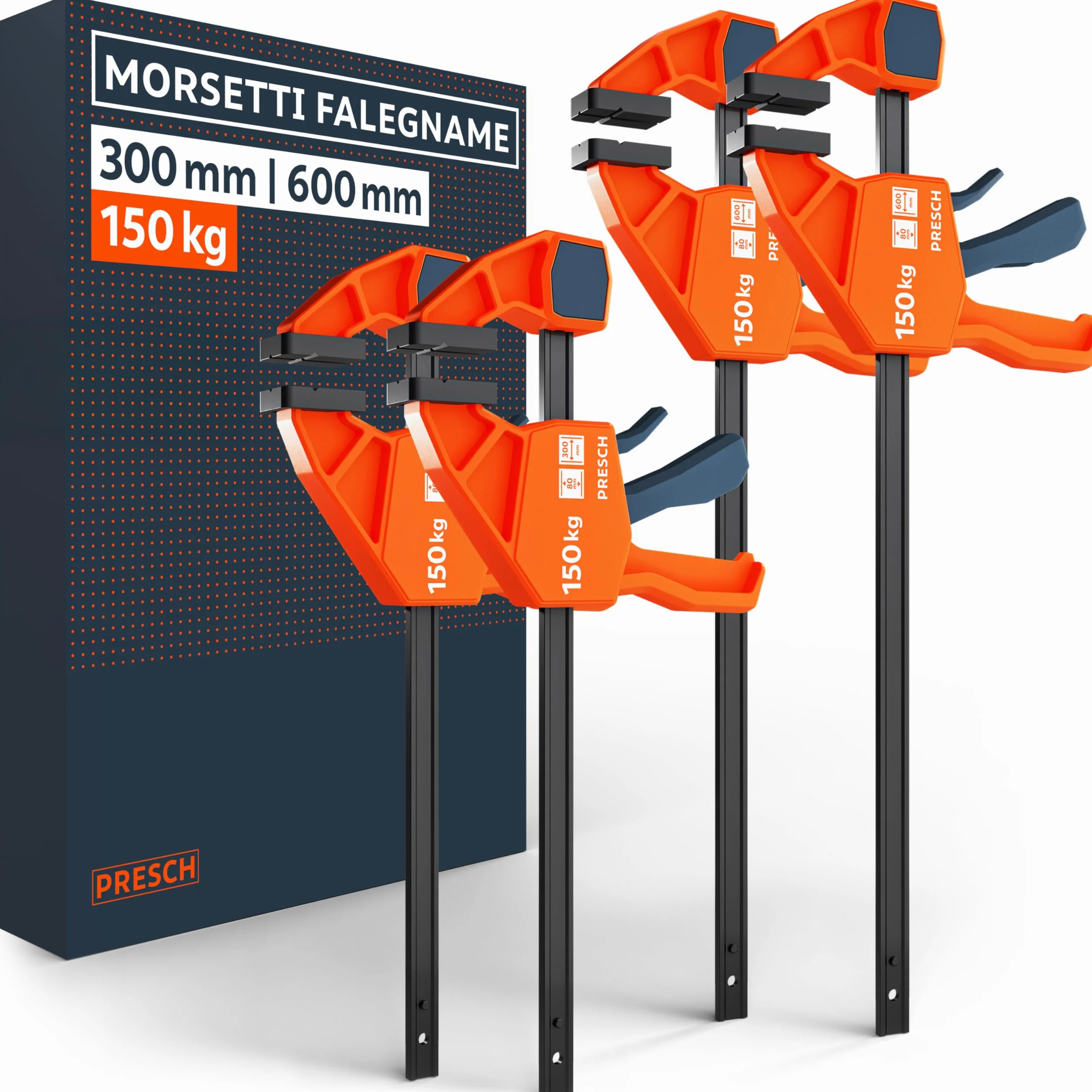 Presch Morsetti da falegname 300mm e 600mm 4 pz - Set di morsetti con forza di serraggio di 150 kg - Acciaio al carbonio e corpo rinforzato in fibra di vetro - Con funzione divaricazione