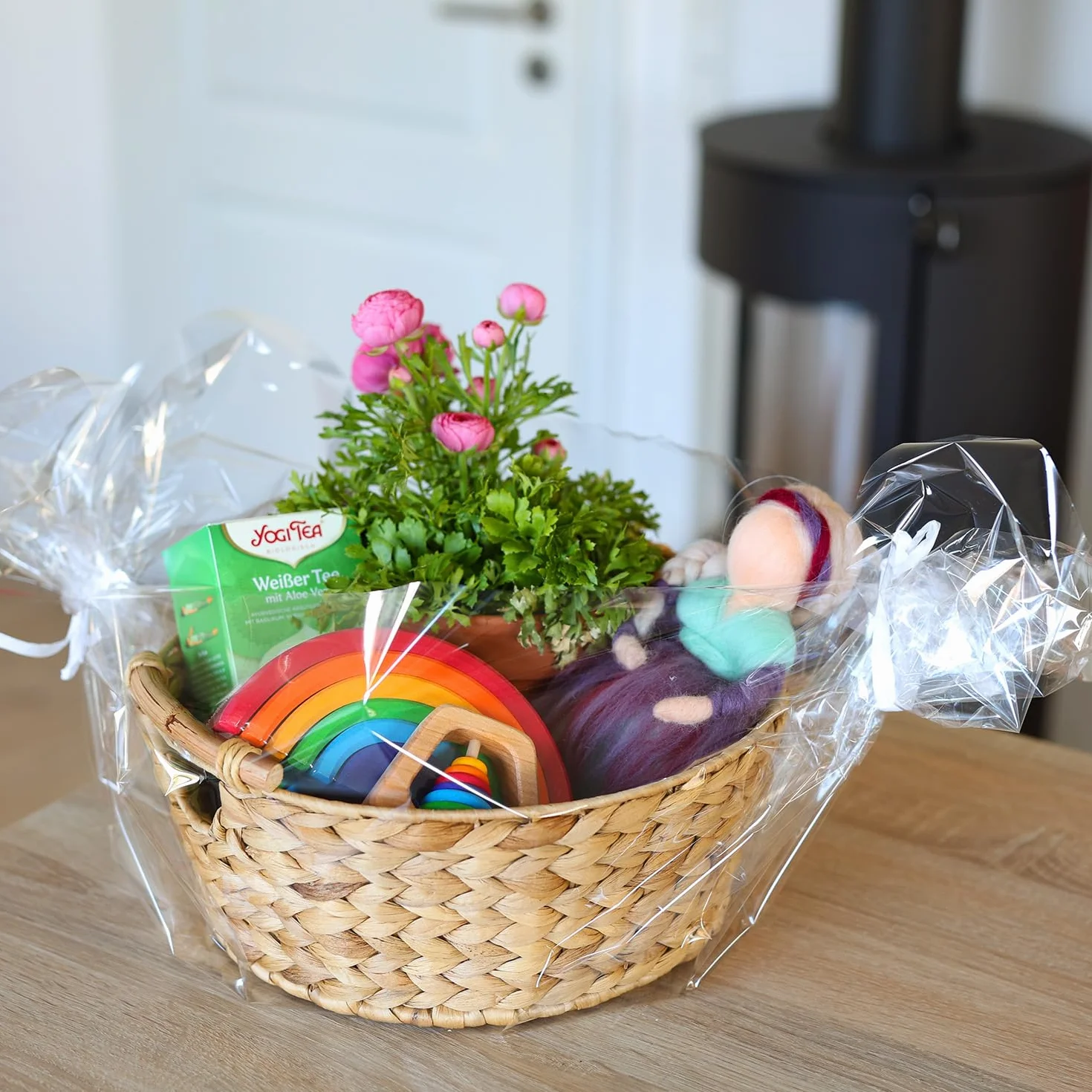 HMF Cesto portaoggetti rotondo, cesto regalo intrecciato in giacinto d'acqua con manici in legno | 30 x 12 cm