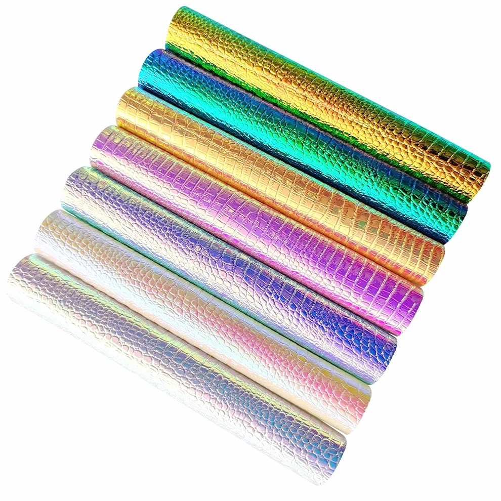 Confezione da 7 fogli in finta pelle metallizzata iridescente effetto coccodrillo con elementi di animali testurizzati in colore brillante A4 Bump PU per orecchini, fiocchi per capelli e progetti fai