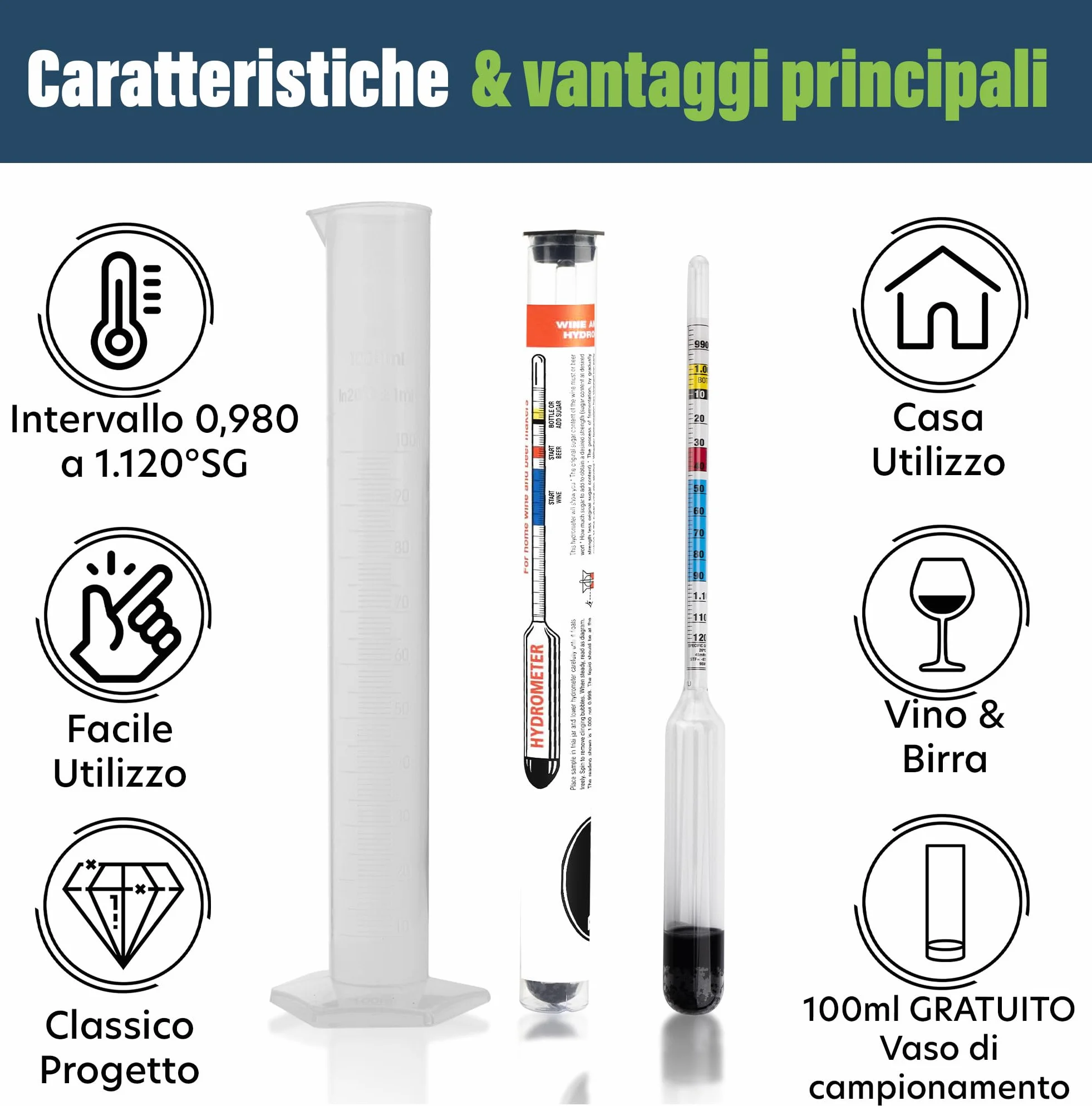Idrometro per Produzione di Birra Fatta in Casa con Contenitore di Campionamento 100mm - Attrezzatura per Vino e Birra