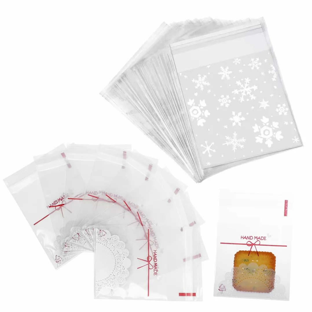 200 sacchetti autoadesivi, sacchetti di cellophane piccoli, bustine trasparenti, bustine per confetti, sacchetti trasparenti per caramelle, caramelle natalizie, biscotti, torte (Piccolo)