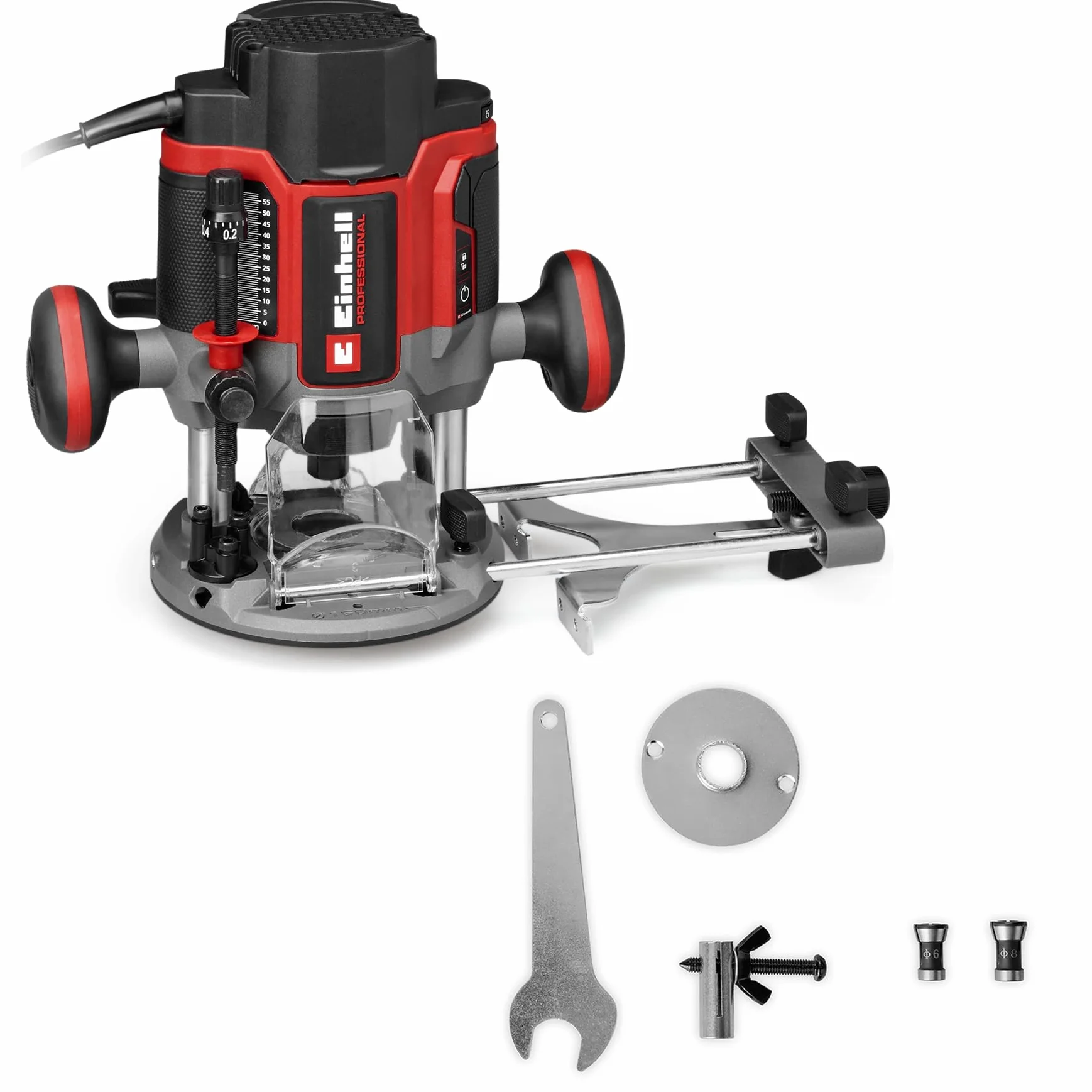Fresatrice Einhell Professional TP-RO 1400 E (1400 W, altezza di soll. 55 mm, pinze di serraggio Ø 6 e 8 mm, luce a LED, incl. Guida parallela, punta del compasso, manicotto copiatore e utensile)
