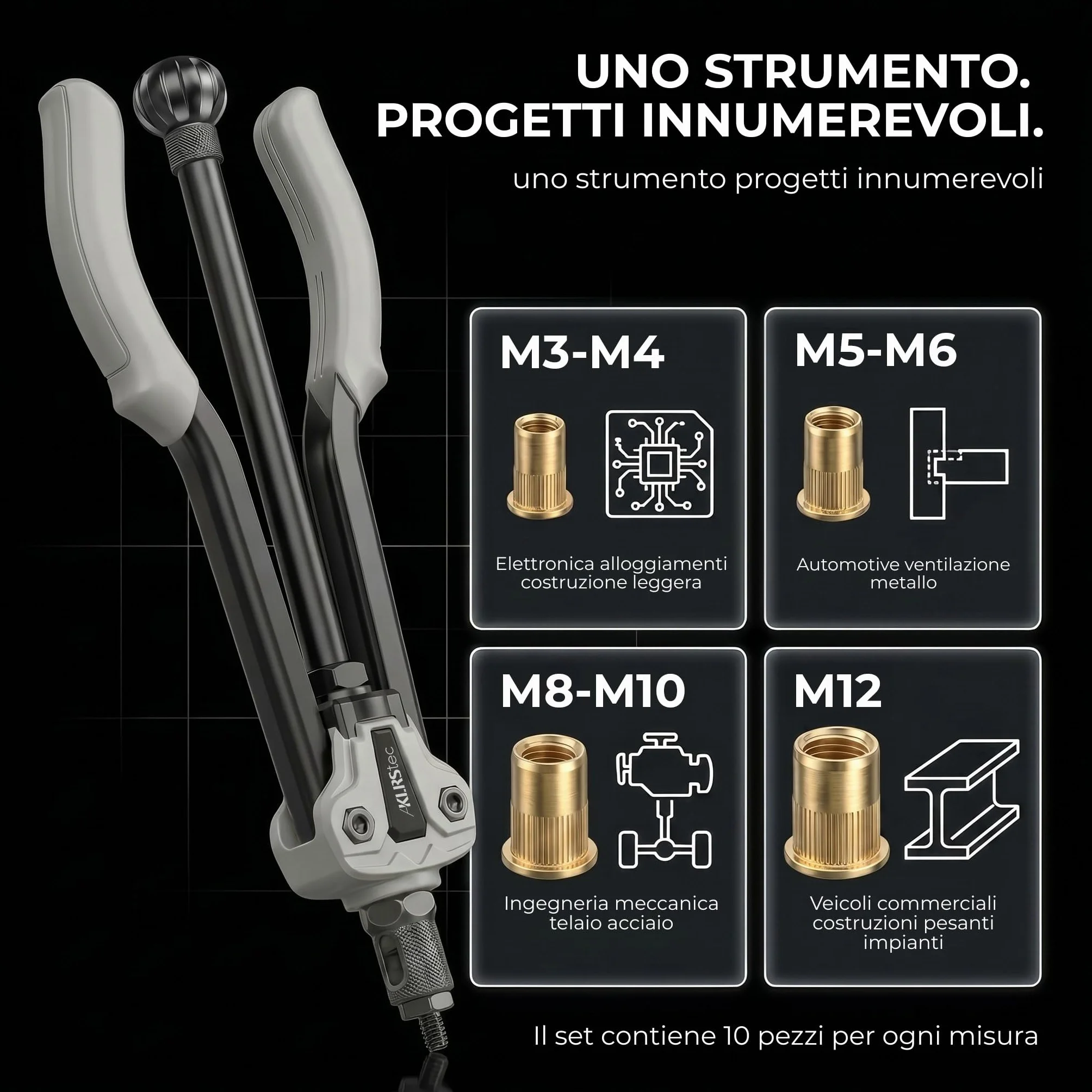 Zestaw do nitowania wkładek gwintowanych M3-M12 KLRStec Professional 70 sztuk